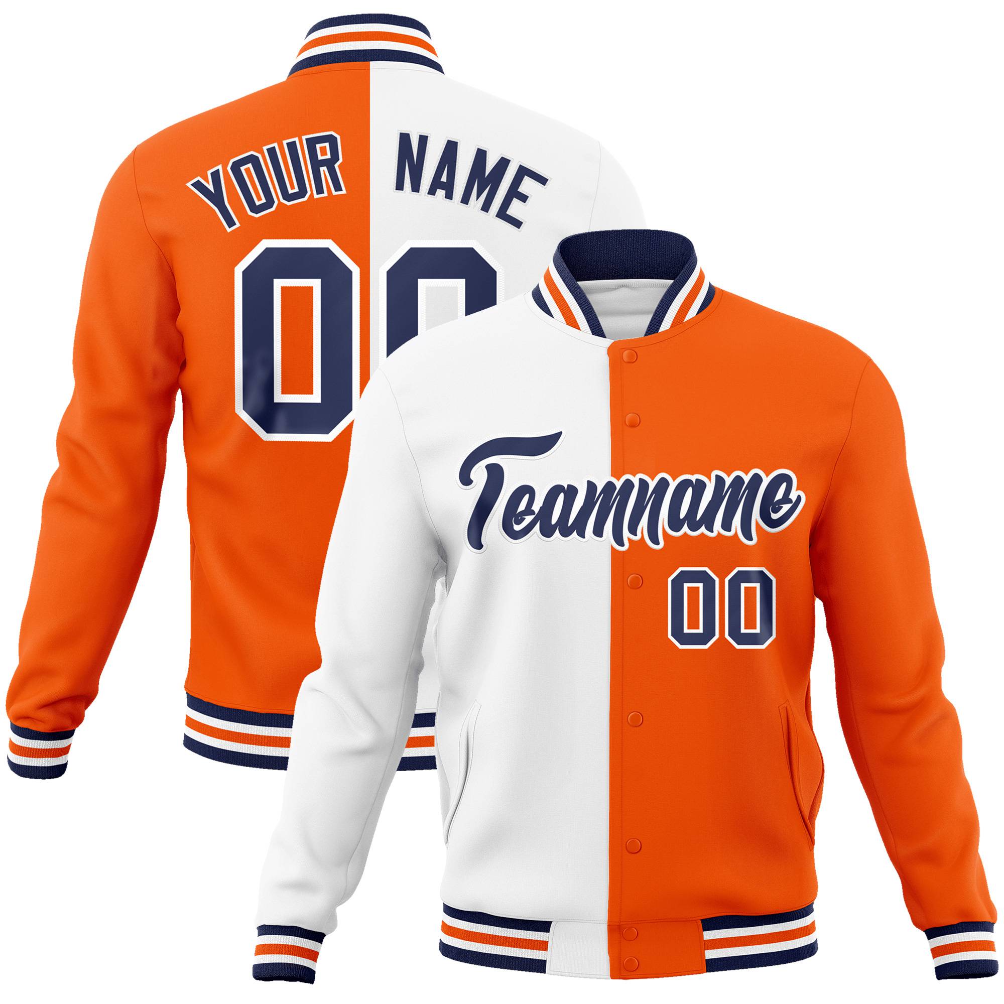 Custom White Orange Purple Bomber Full-Snap Varsity Letterman Split Fashion Jacket