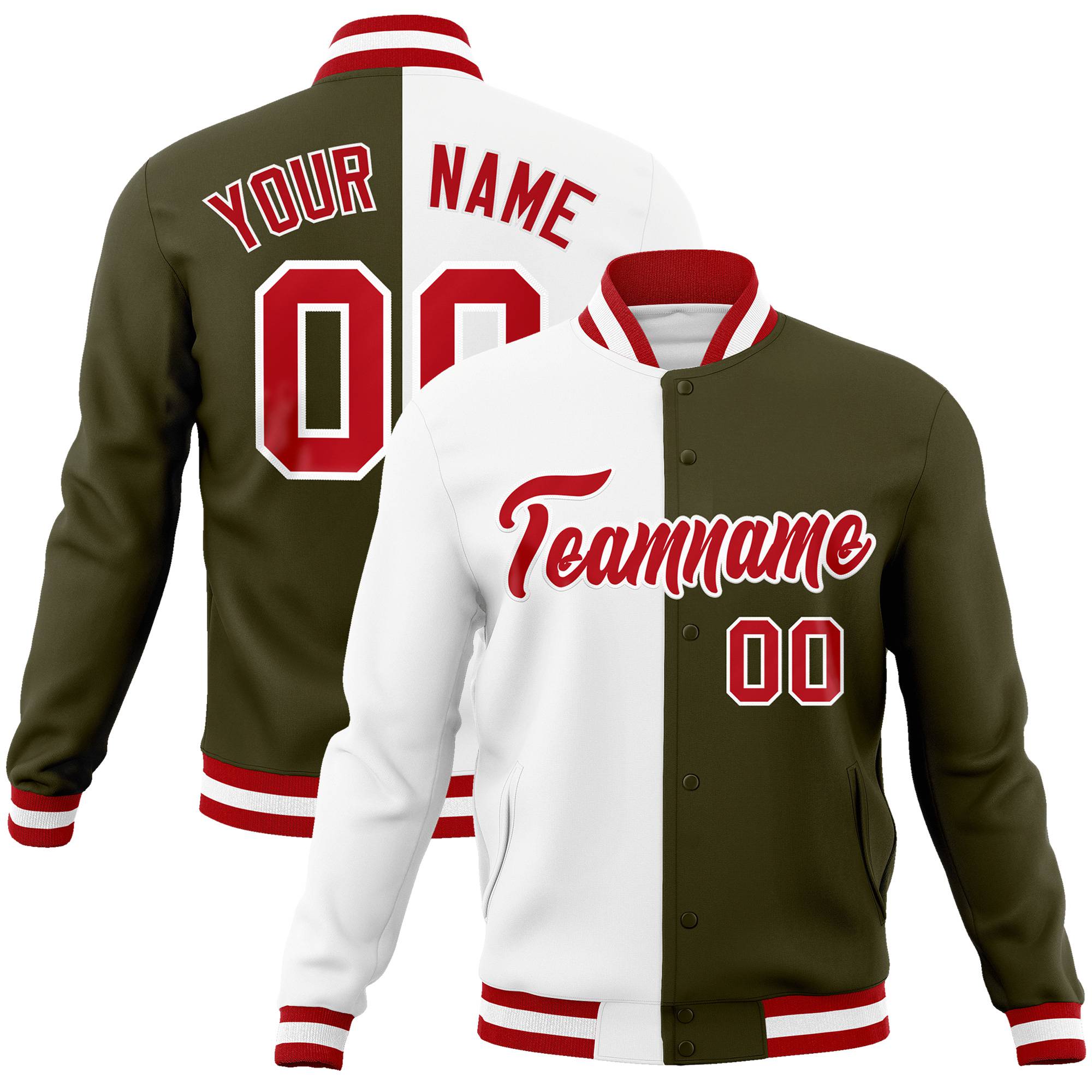 Custom White Olive Red Bomber Full-Snap Varsity Letterman Split Fashion Jacket