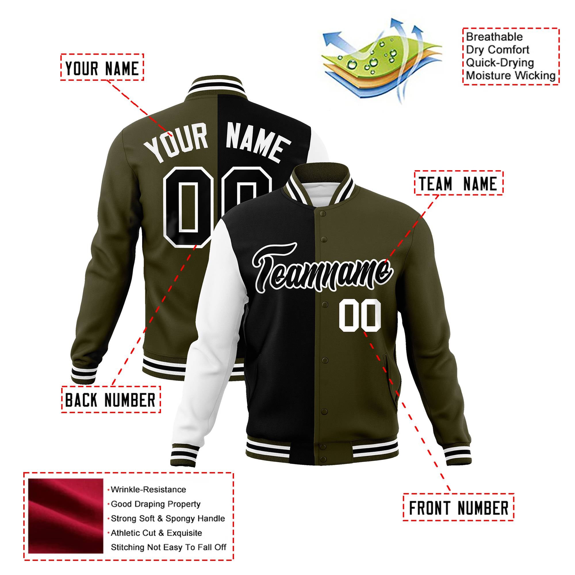 Custom Black Olive White Bomber Full-Snap Varsity Letterman Split Fashion Jacket