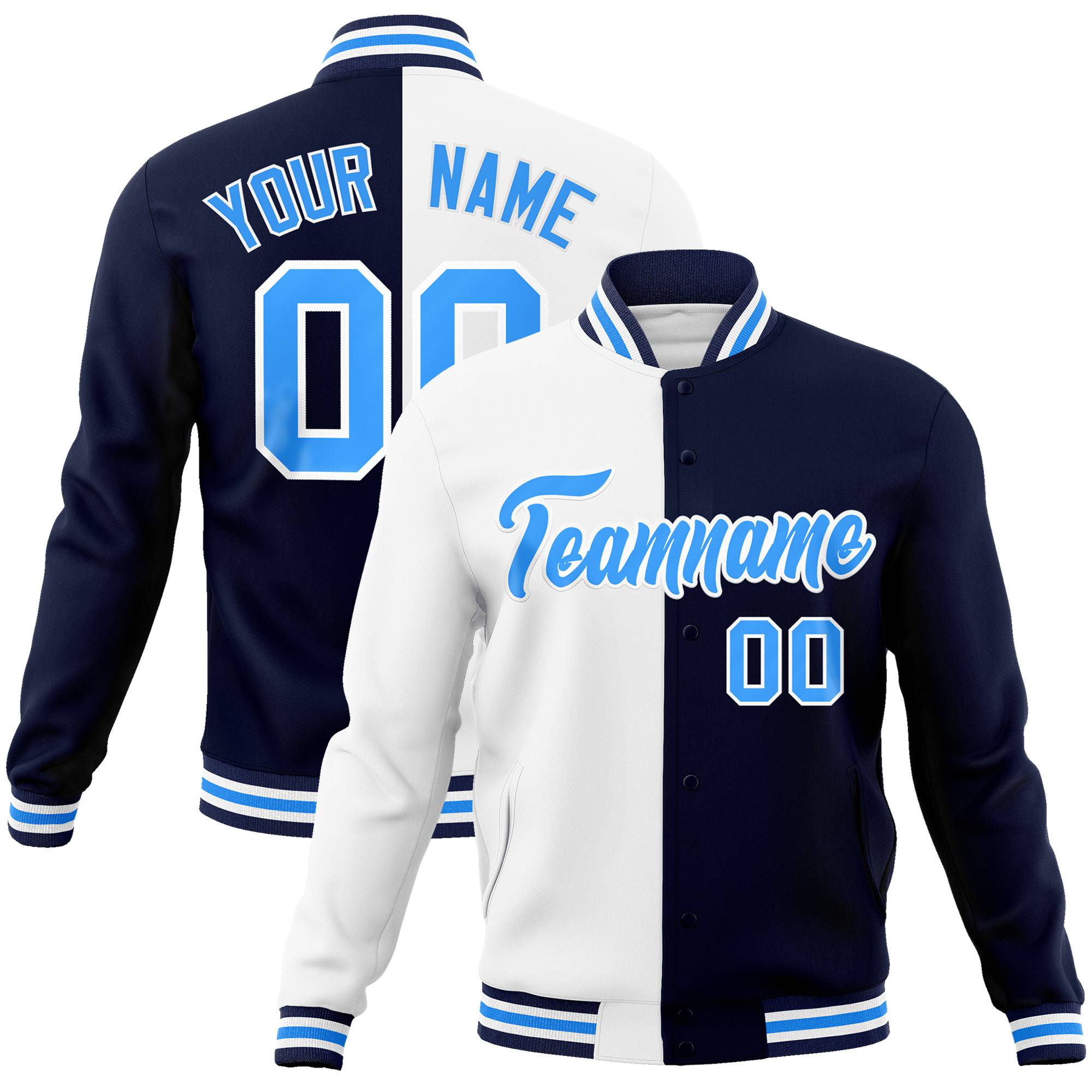 Custom White Navy Light-Blue Bomber Full-Snap Varsity Letterman Split Fashion Jacket