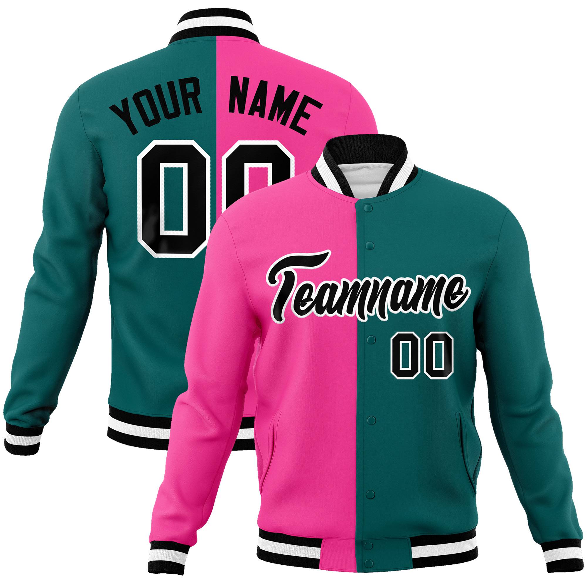 Custom Pink Aqua Black Bomber Full-Snap Varsity Letterman Split Fashion Jacket