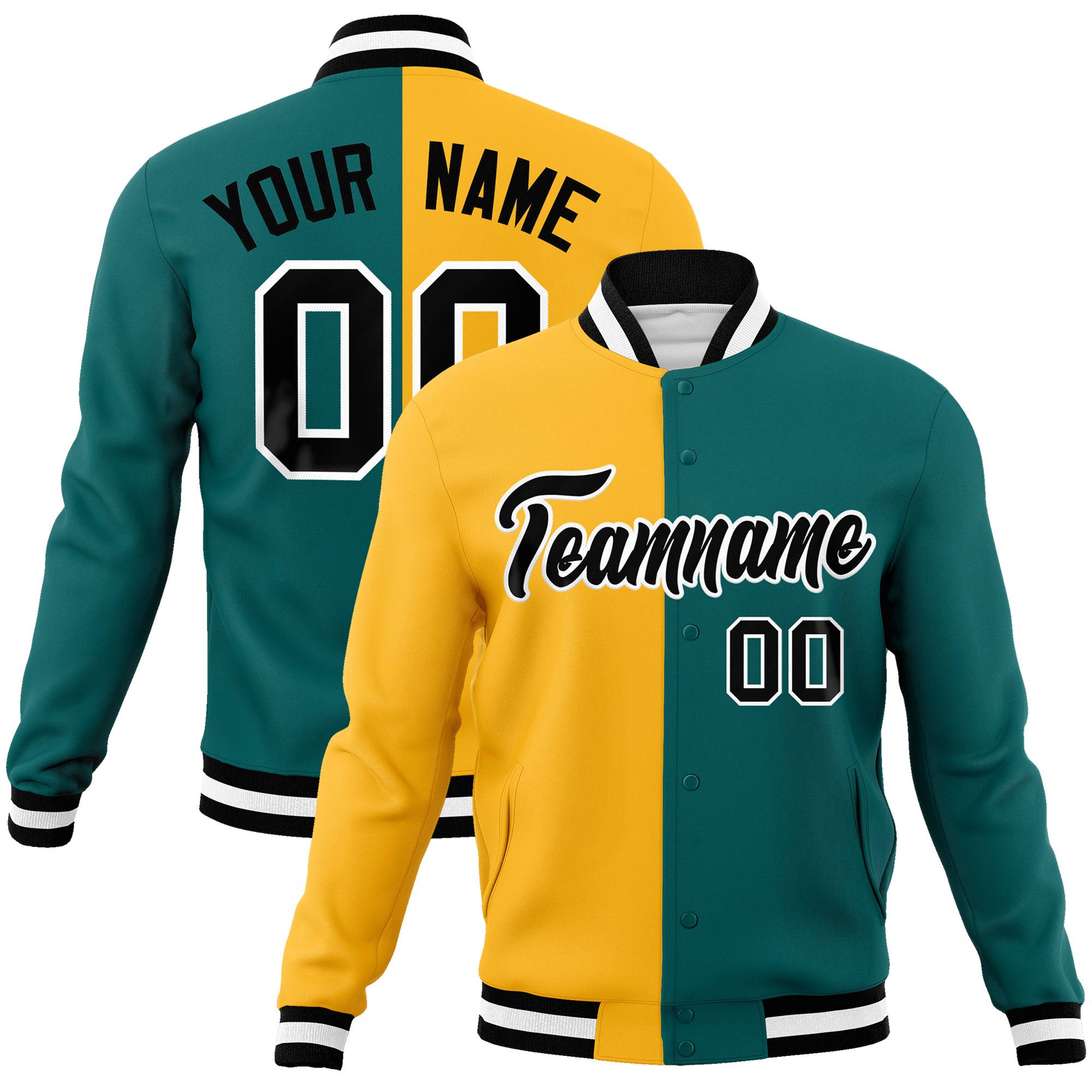 Custom Yellow Aqua Black Bomber Full-Snap Varsity Letterman Split Fashion Jacket