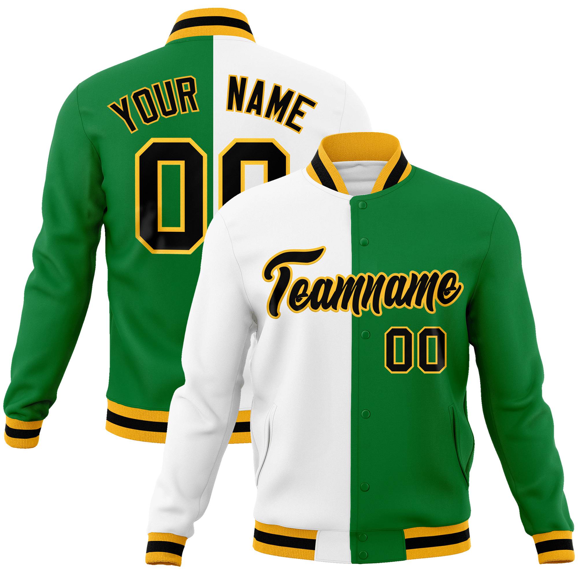 Custom White Neon-Green Black-Gold Bomber Full-Snap Varsity Letterman Split Fashion Jacket