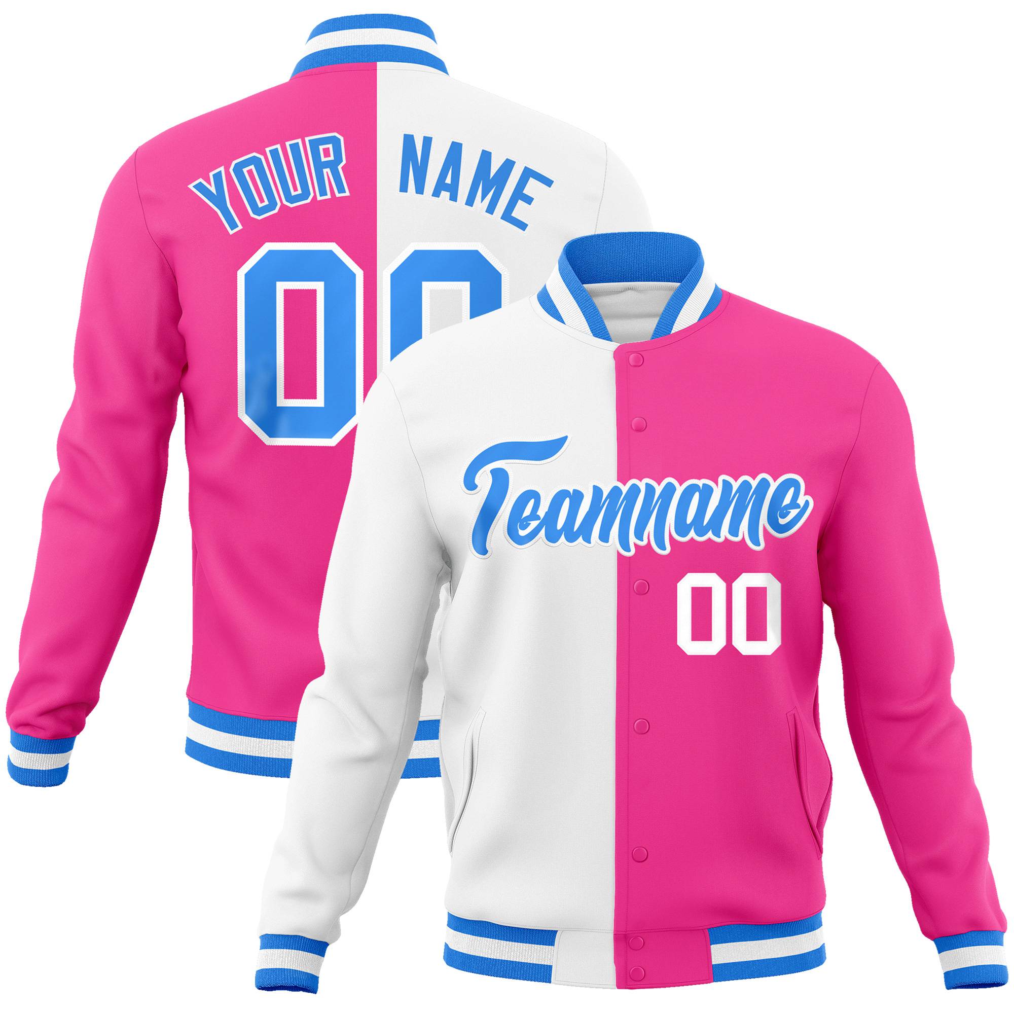 Custom White Pink Blue Bomber Full-Snap Varsity Letterman Split Fashion Jacket