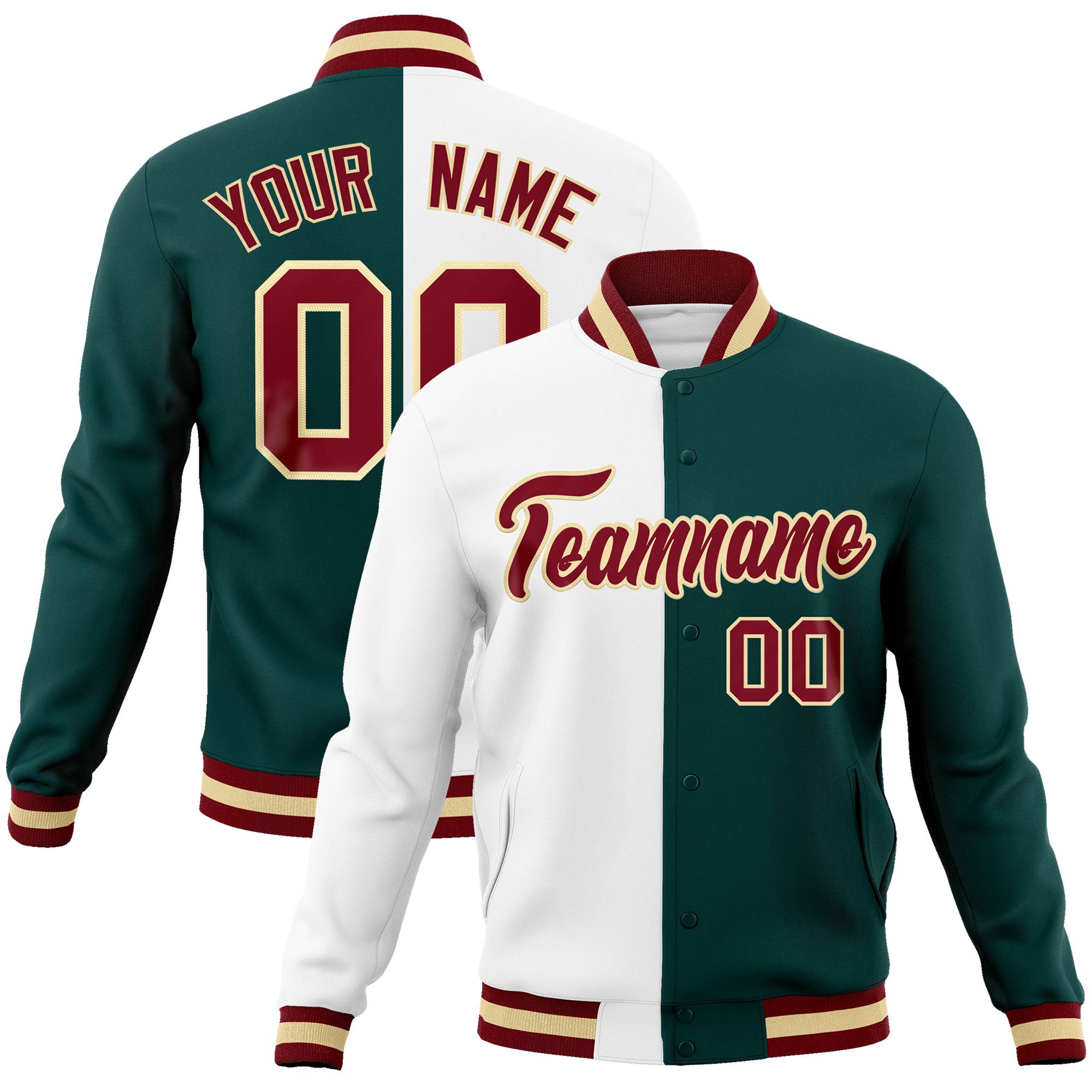 Custom White Midnight-Green Burgundy Bomber Full-Snap Varsity Letterman Split Fashion Jacket