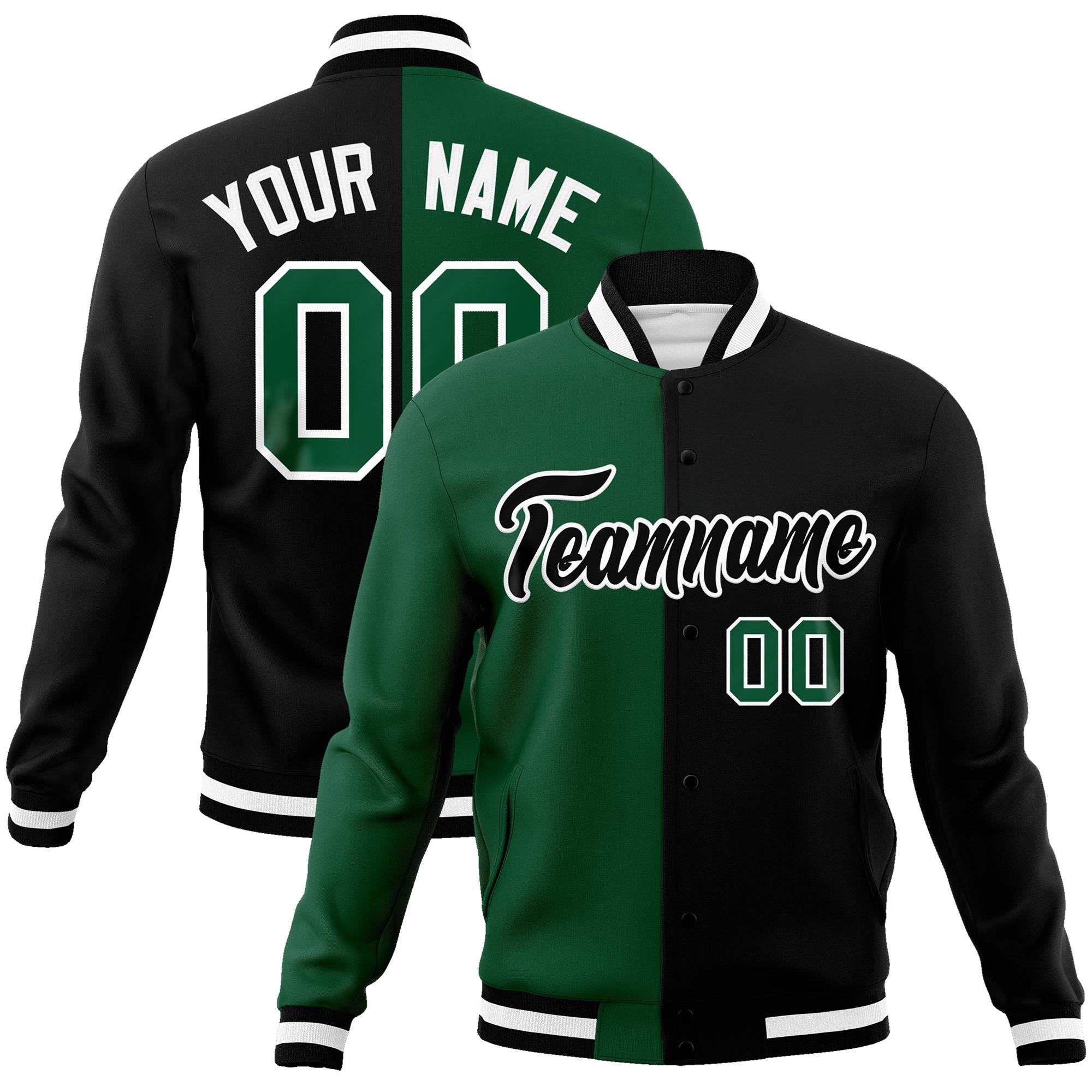 Custom Kelly Green Black White Bomber Full-Snap Varsity Letterman Split Fashion Jacket