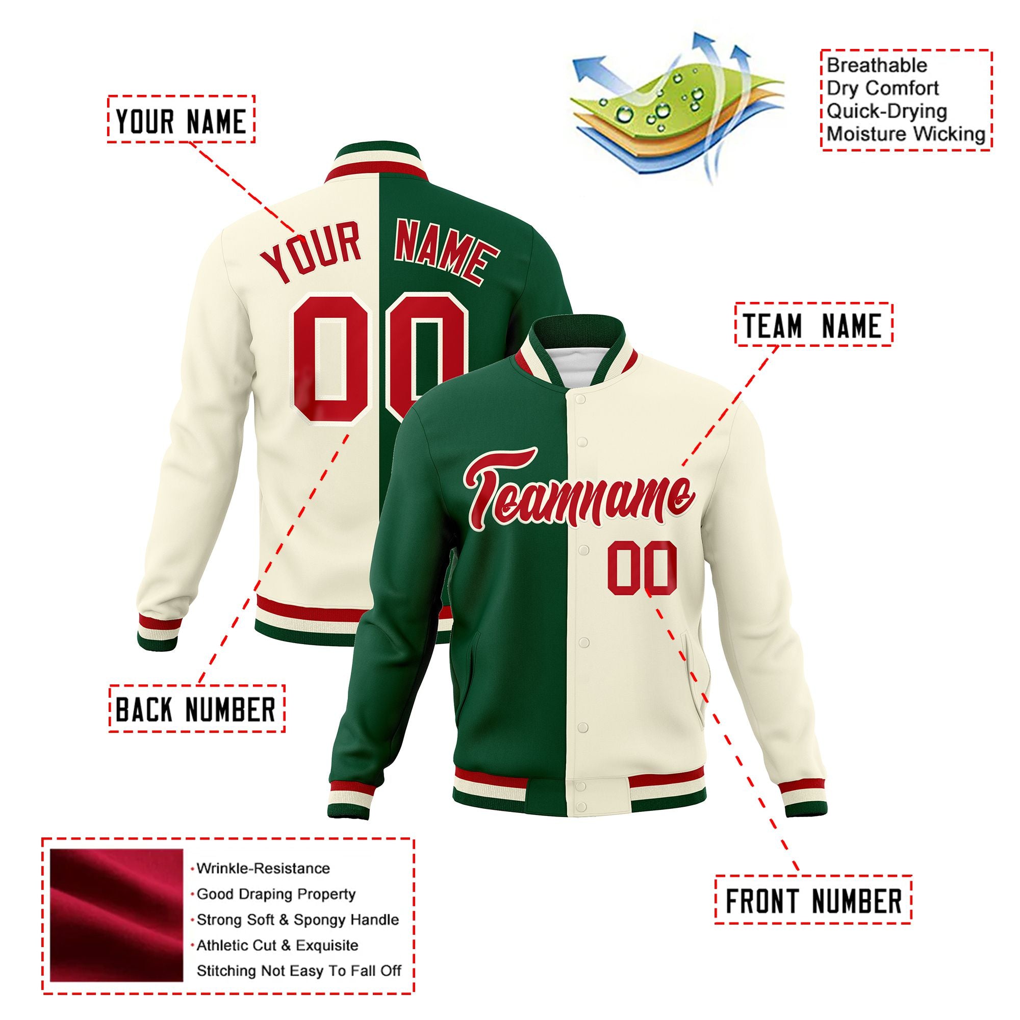 Custom Kelly Green Cream-Red Bomber Full-Snap Varsity Letterman Split Fashion Jacket