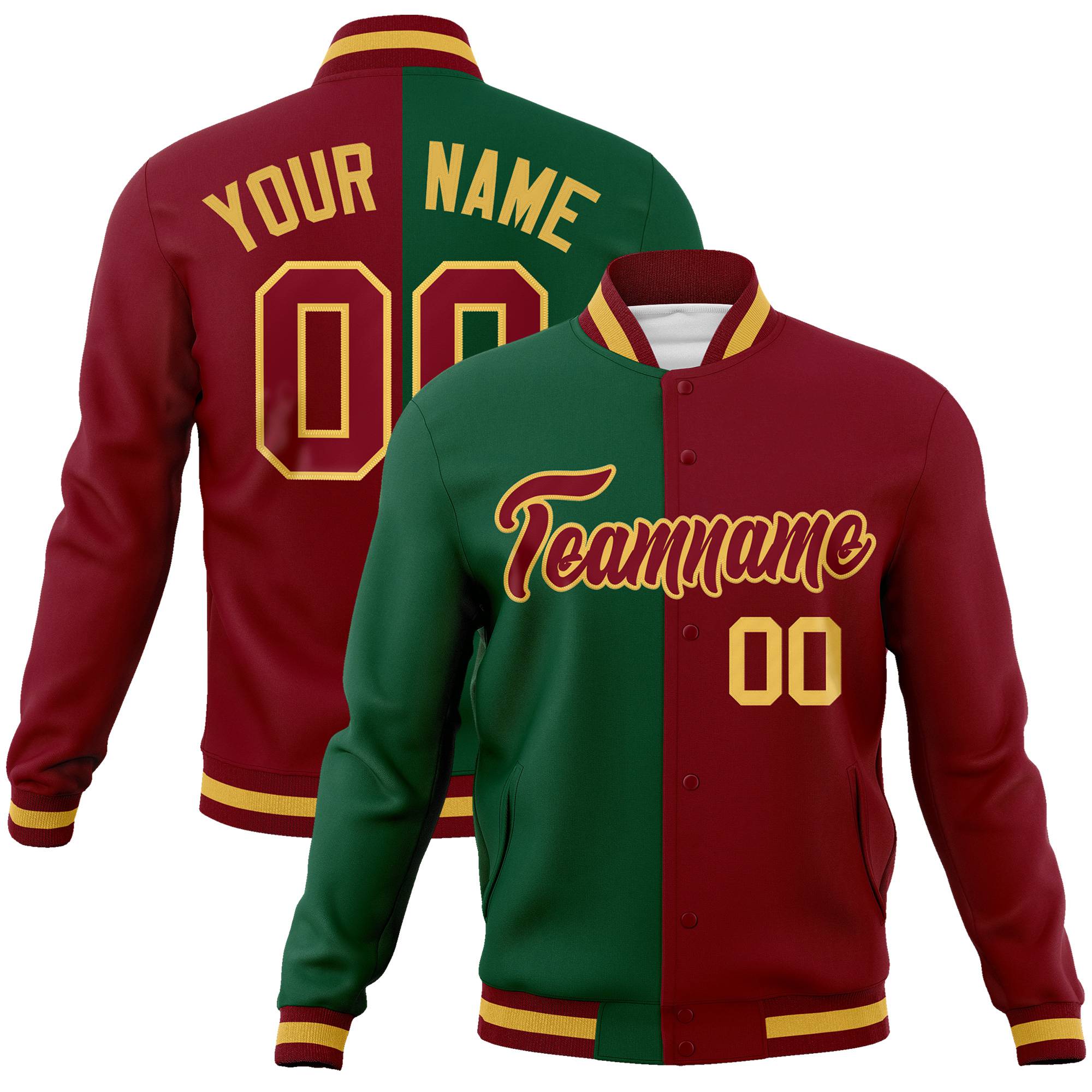 Custom Kelly Green Burgundy-Gold Bomber Full-Snap Varsity Letterman Split Fashion Jacket