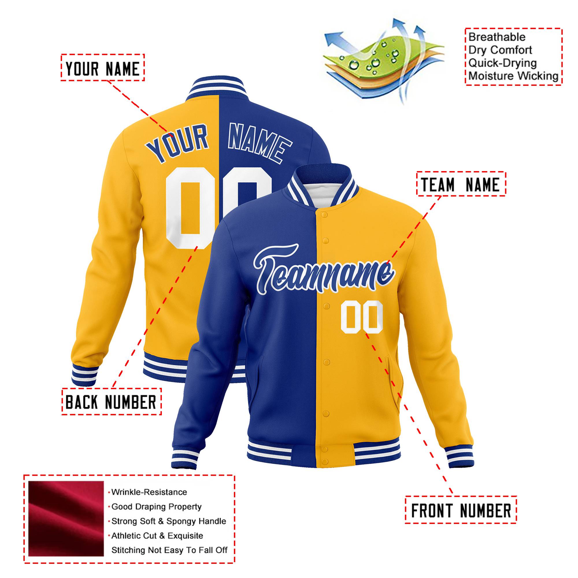 Custom Thunder-Blue Yellow White Bomber Full-Snap Varsity Letterman Split Fashion Jacket