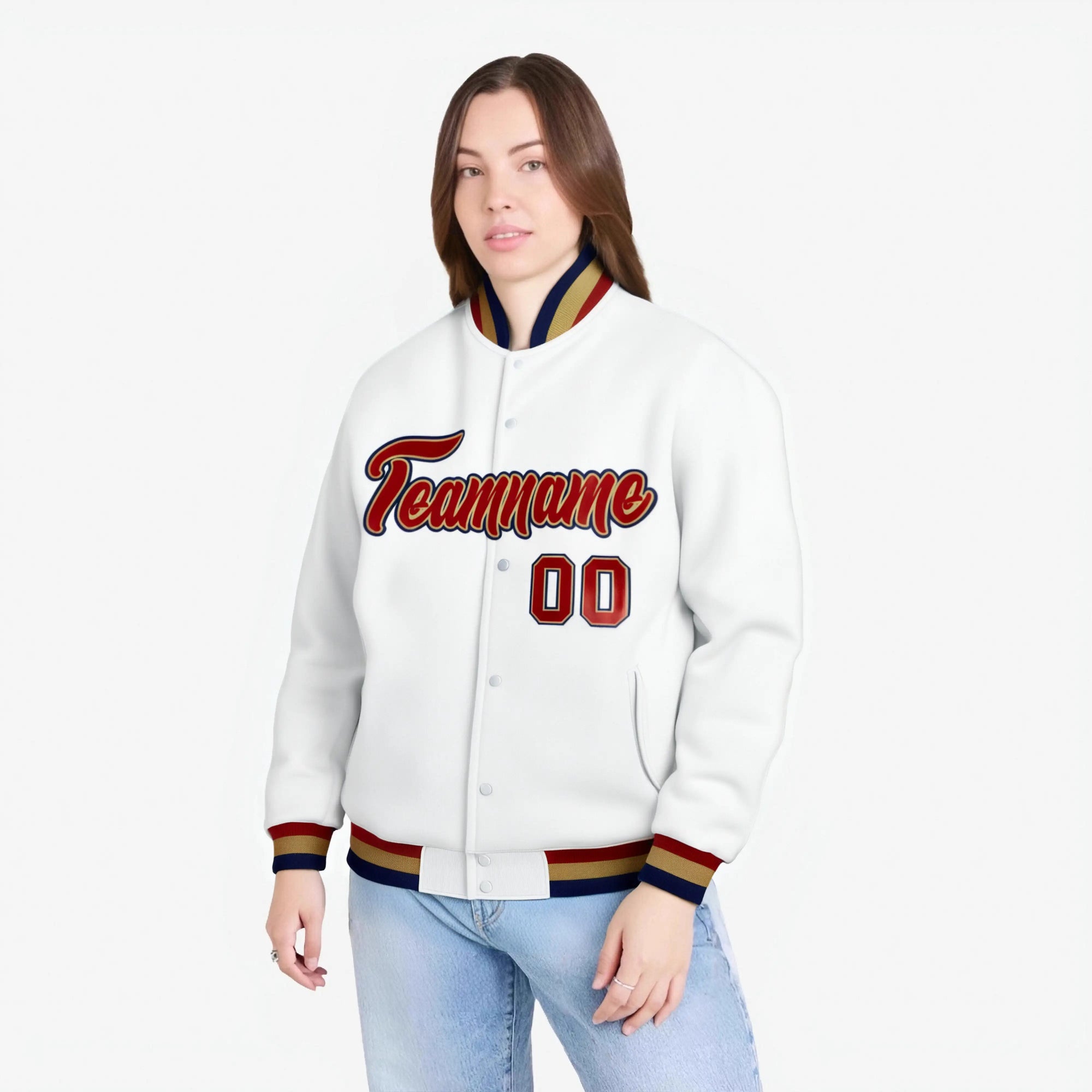 Custom White- Red-Navy Bomber Full-Snap Varsity Letterman Jacket