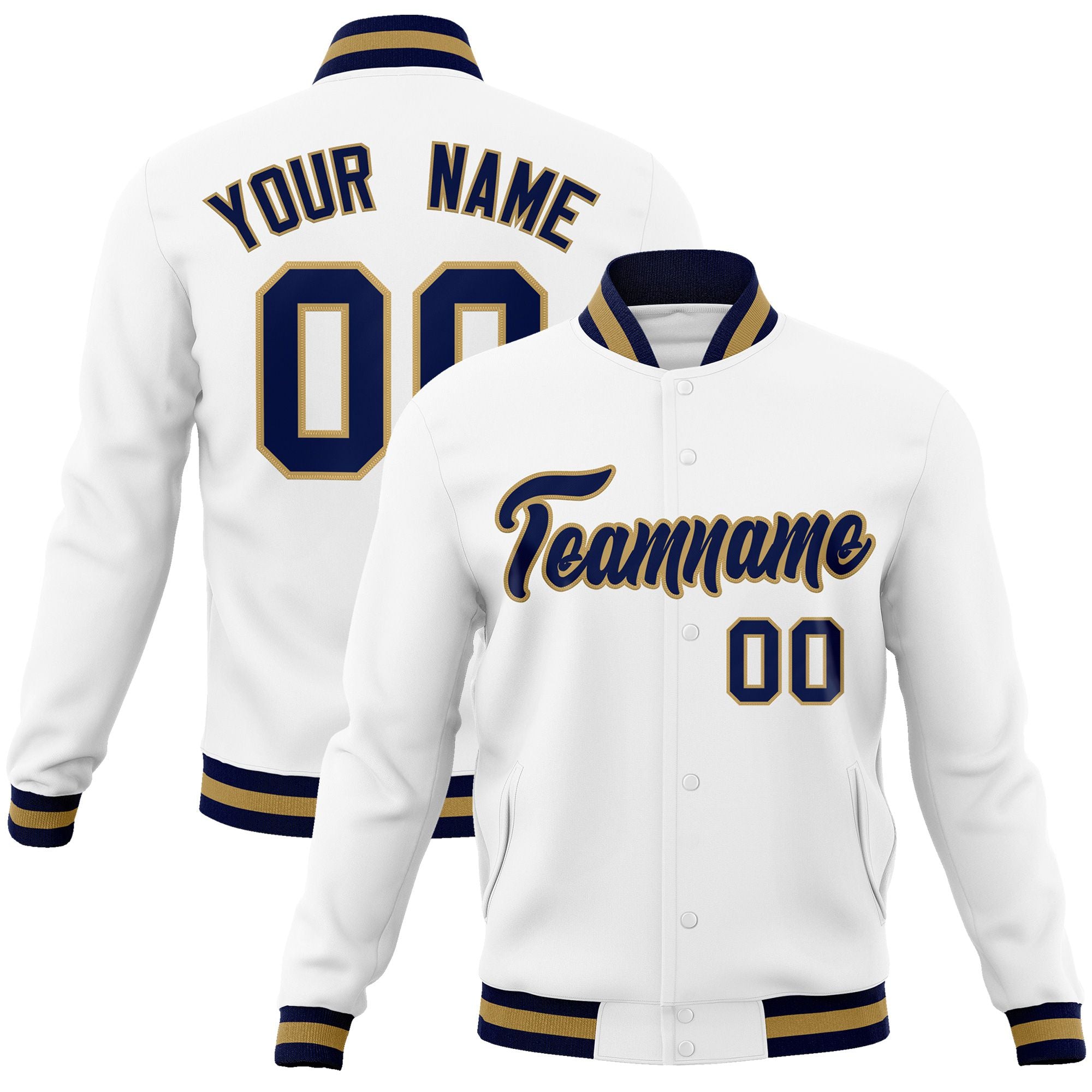 Custom White- Navy- Old-Gold Bomber Full-Snap Varsity Letterman Jacket