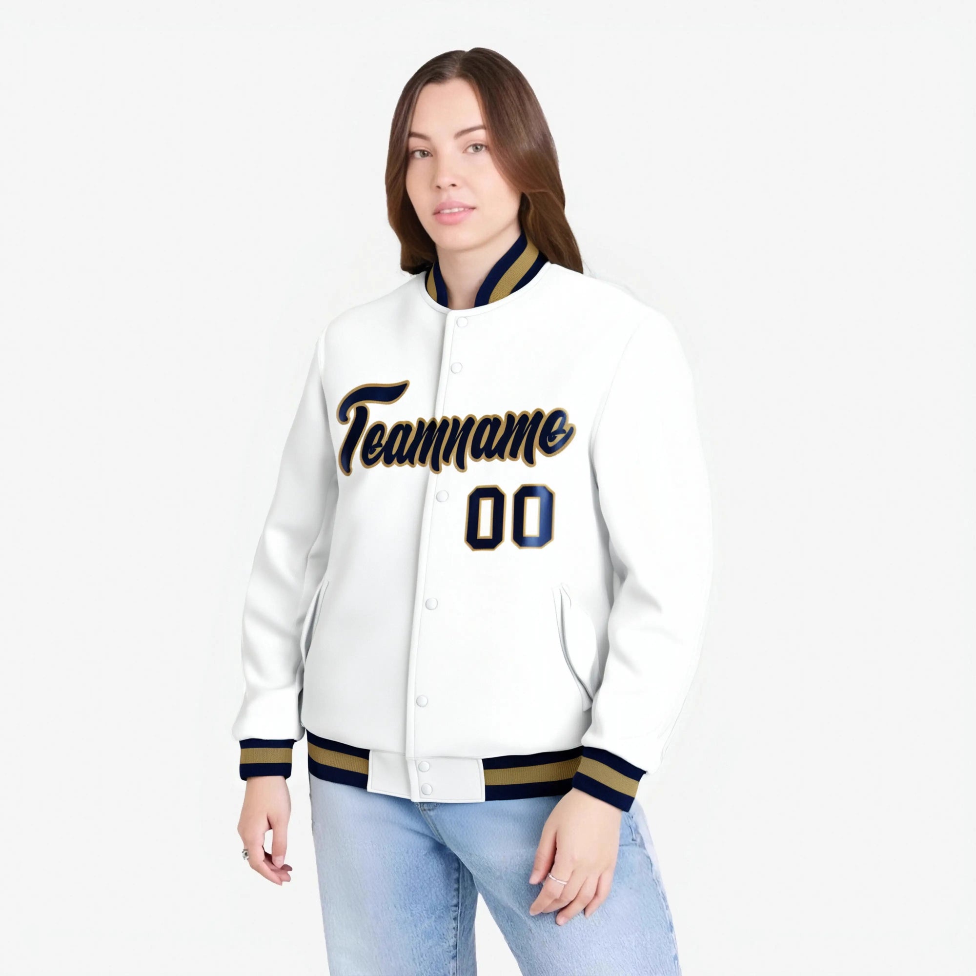 Custom White- Navy- Old-Gold Bomber Full-Snap Varsity Letterman Jacket