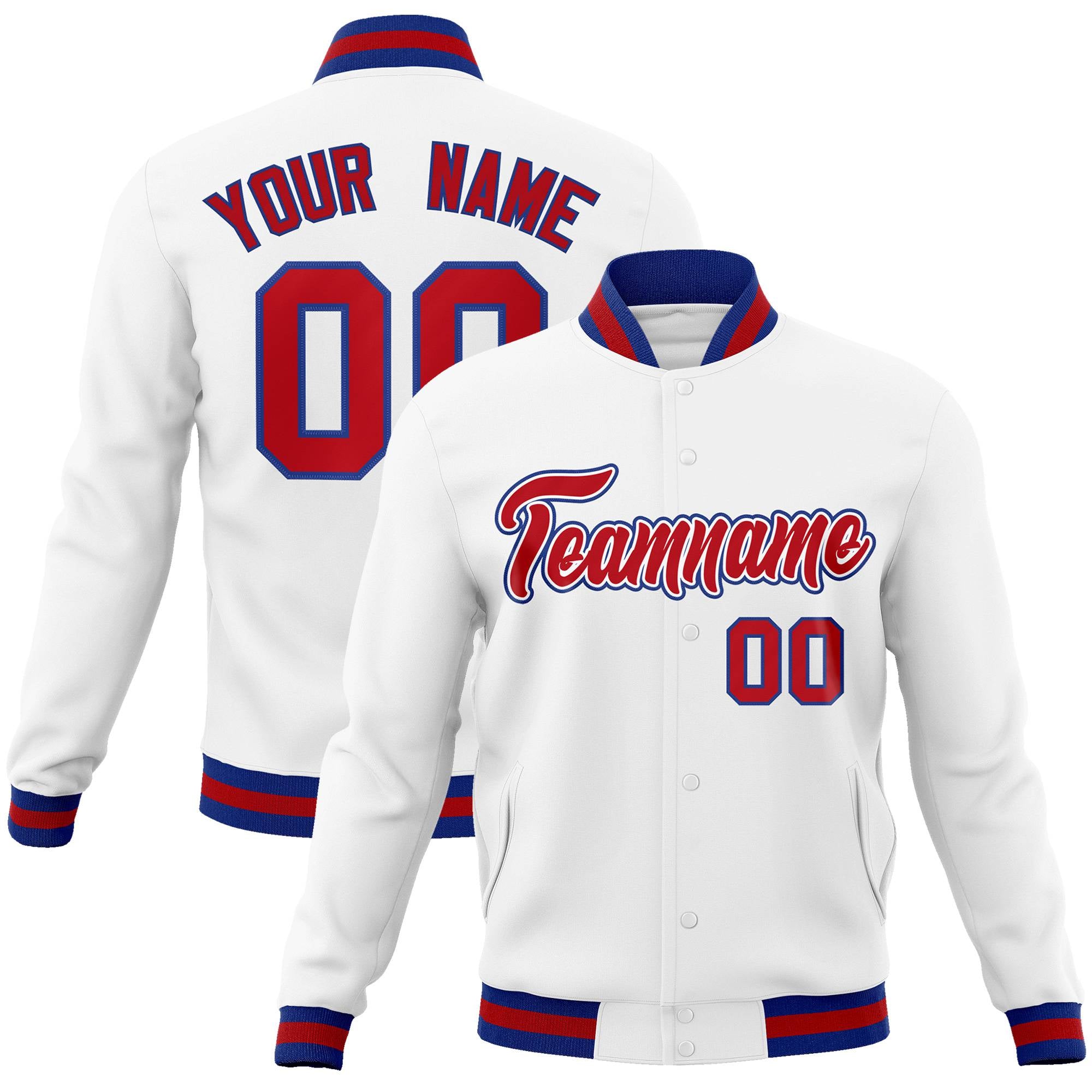 Custom White- Red- Navy Bomber Full-Snap Varsity Letterman Jacket