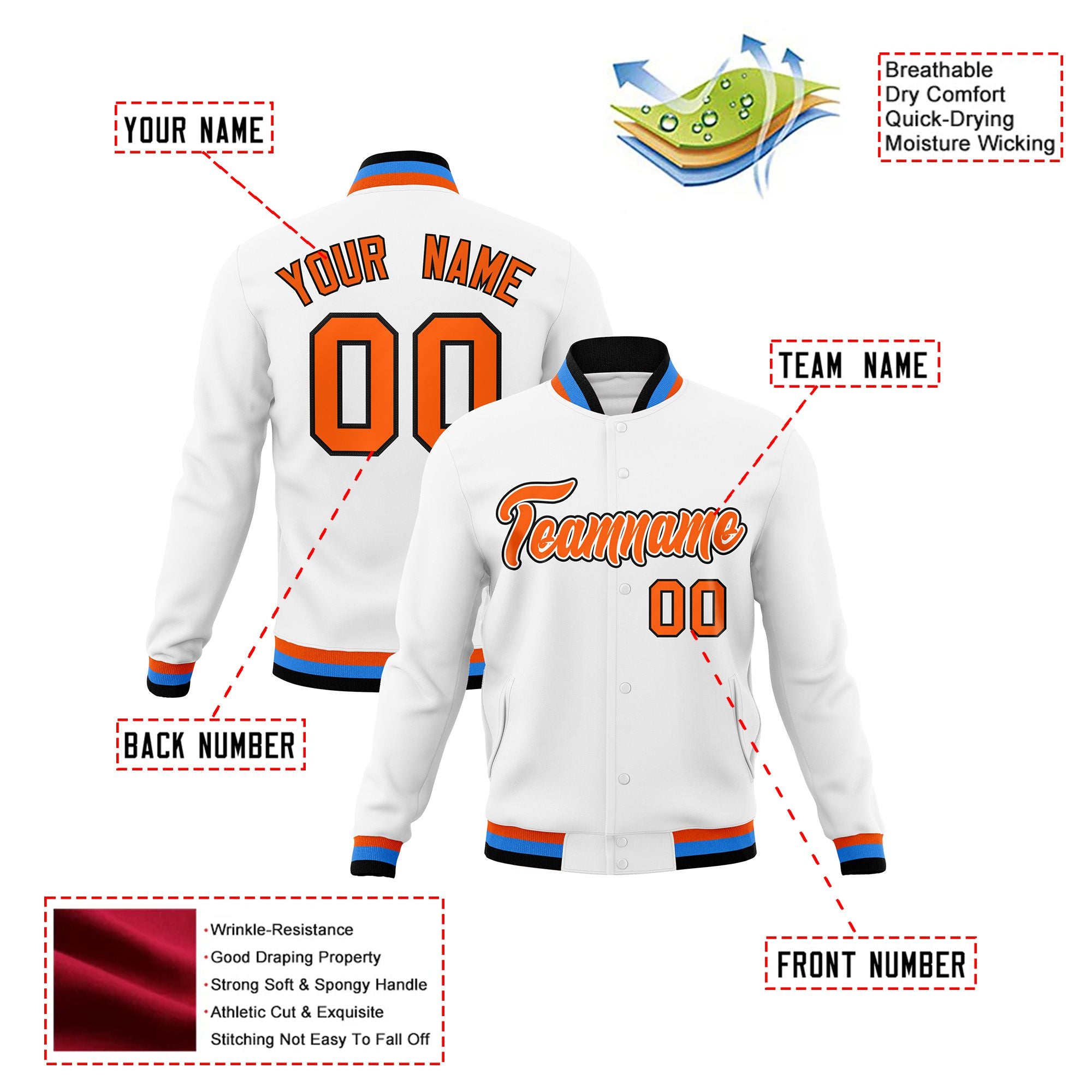 Custom White- Orange-Powder Blue Bomber Full-Snap Varsity Letterman Jacket