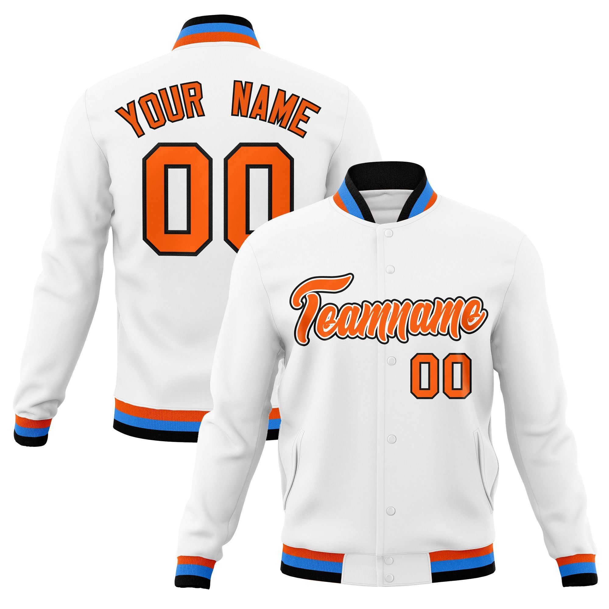 Custom White- Orange-Powder Blue Bomber Full-Snap Varsity Letterman Jacket