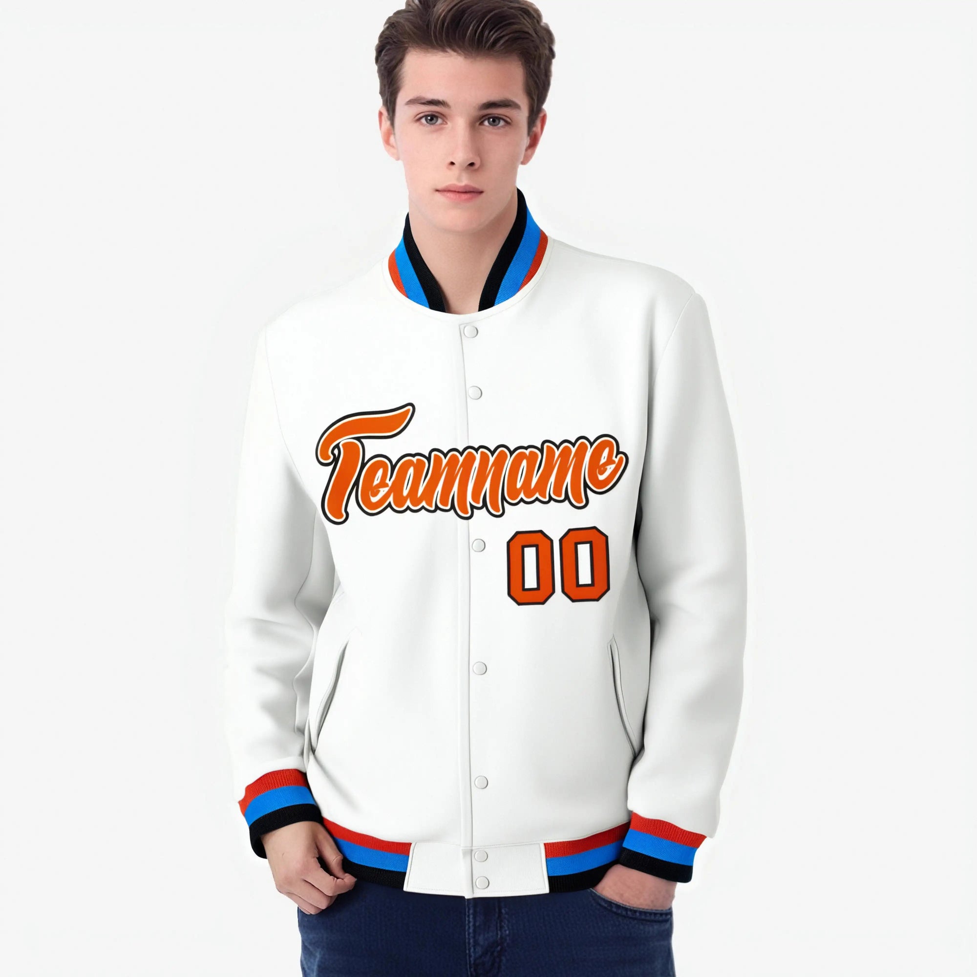 Custom White- Orange-Powder Blue Bomber Full-Snap Varsity Letterman Jacket