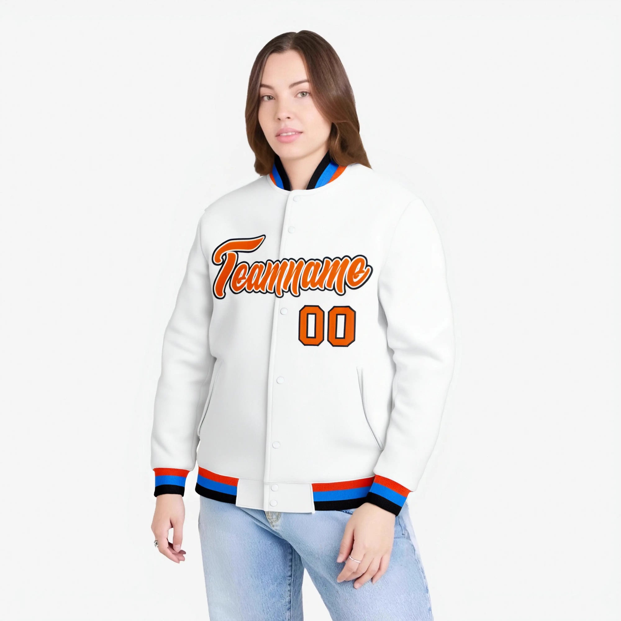 Custom White- Orange-Powder Blue Bomber Full-Snap Varsity Letterman Jacket