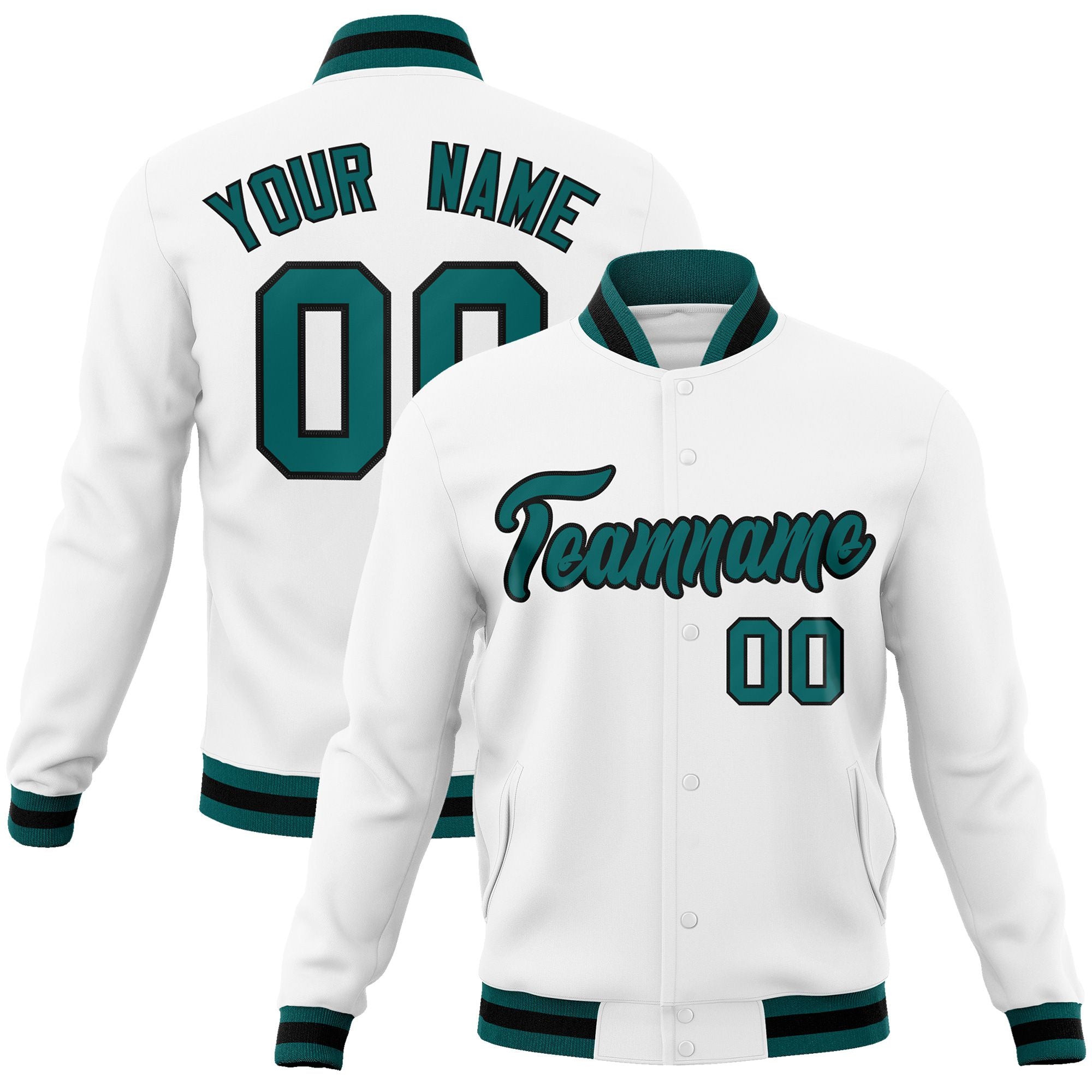 Custom White- Midnight Green- Black Bomber Full-Snap Varsity Letterman Jacket