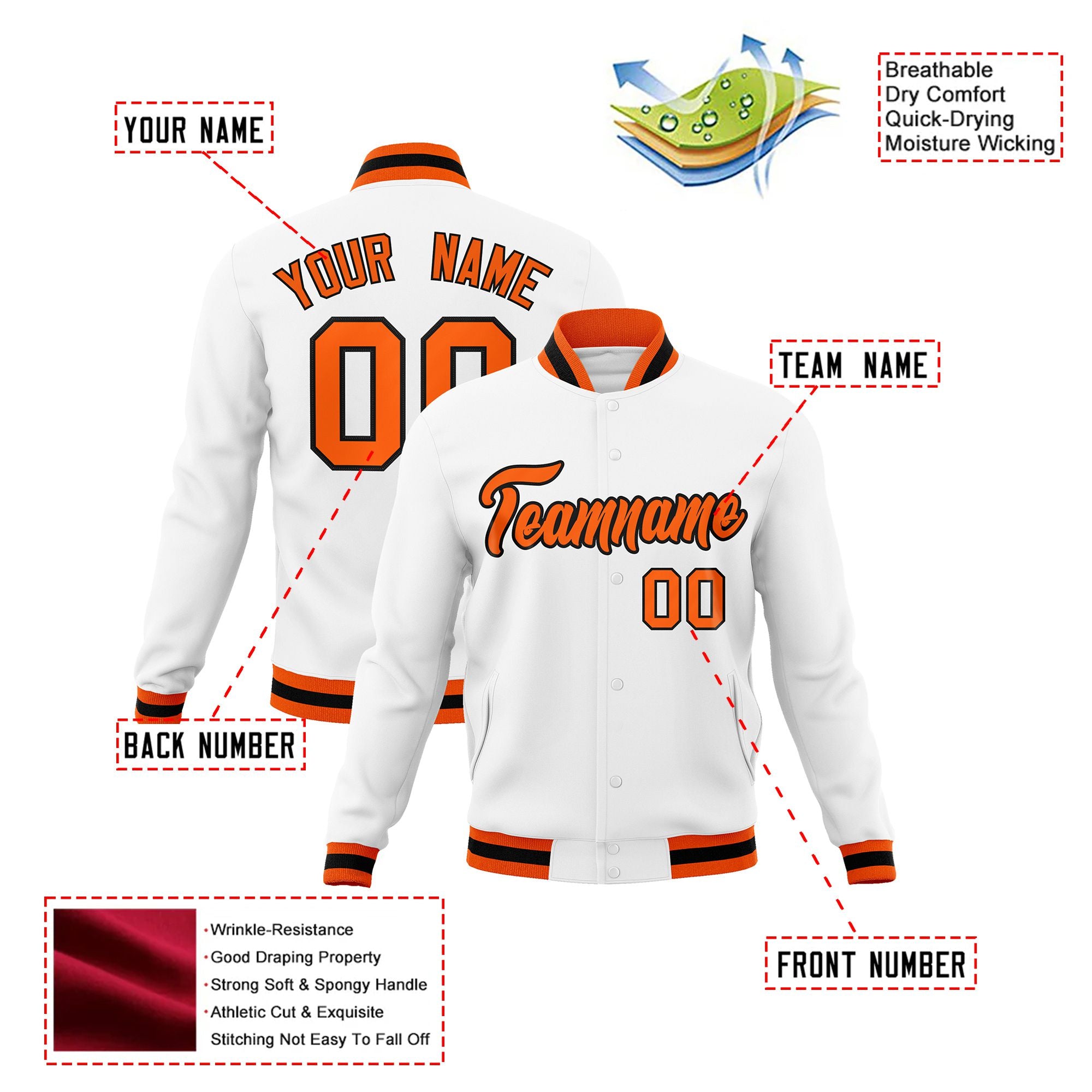 Custom White- Orange-Black Bomber Full-Snap Varsity Letterman Jacket