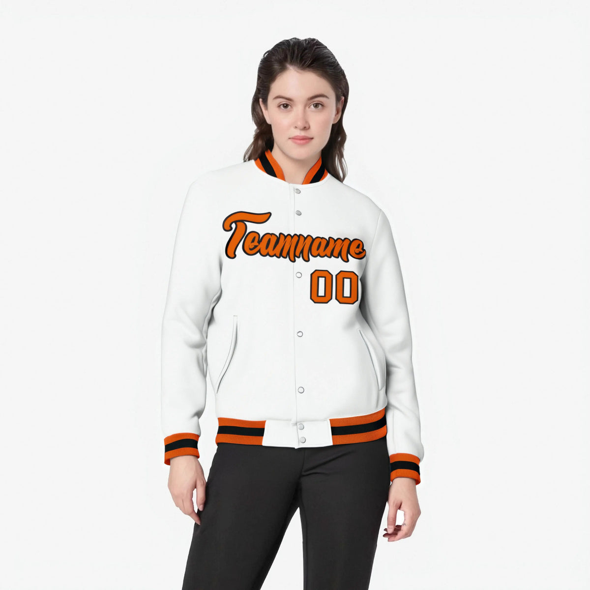 Custom White- Orange-Black Bomber Full-Snap Varsity Letterman Jacket