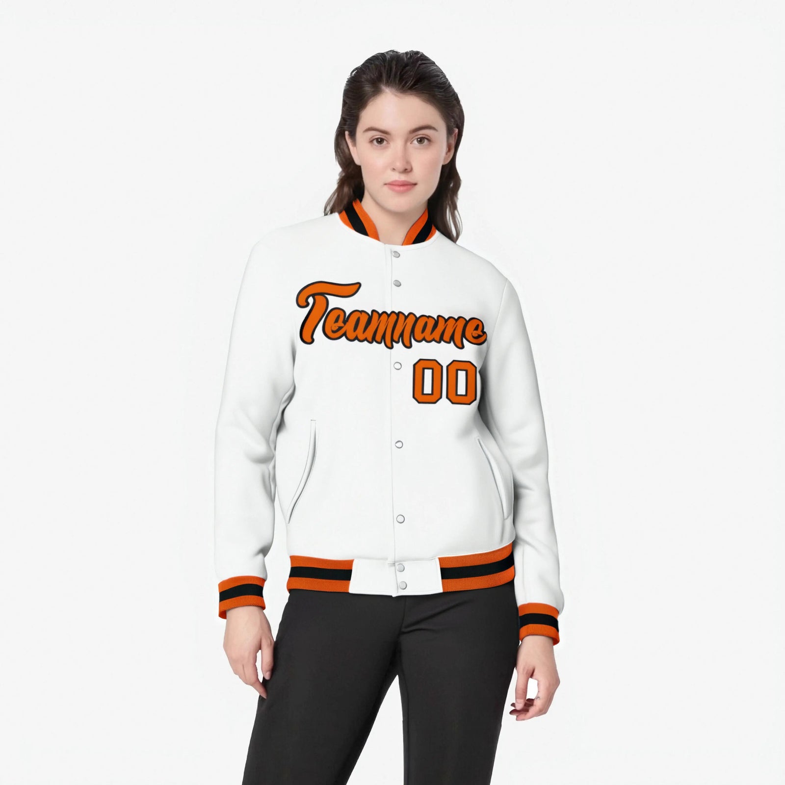Custom White- Orange-Black Bomber Full-Snap Varsity Letterman Jacket