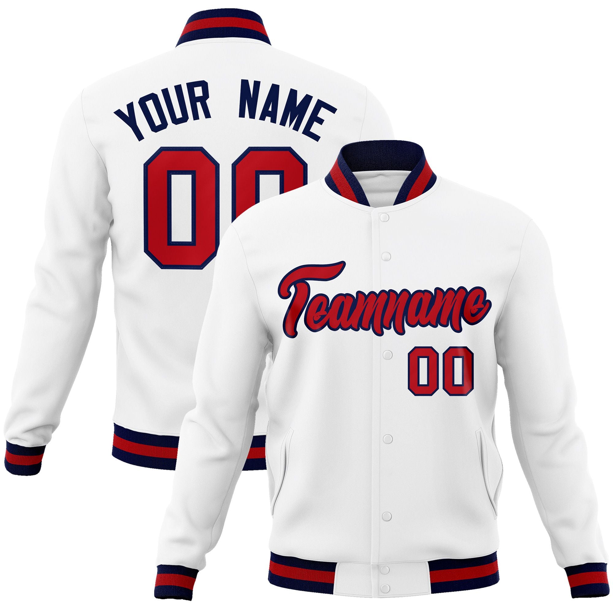 Custom White- Red-Navy Bomber Full-Snap Varsity Letterman Jacket