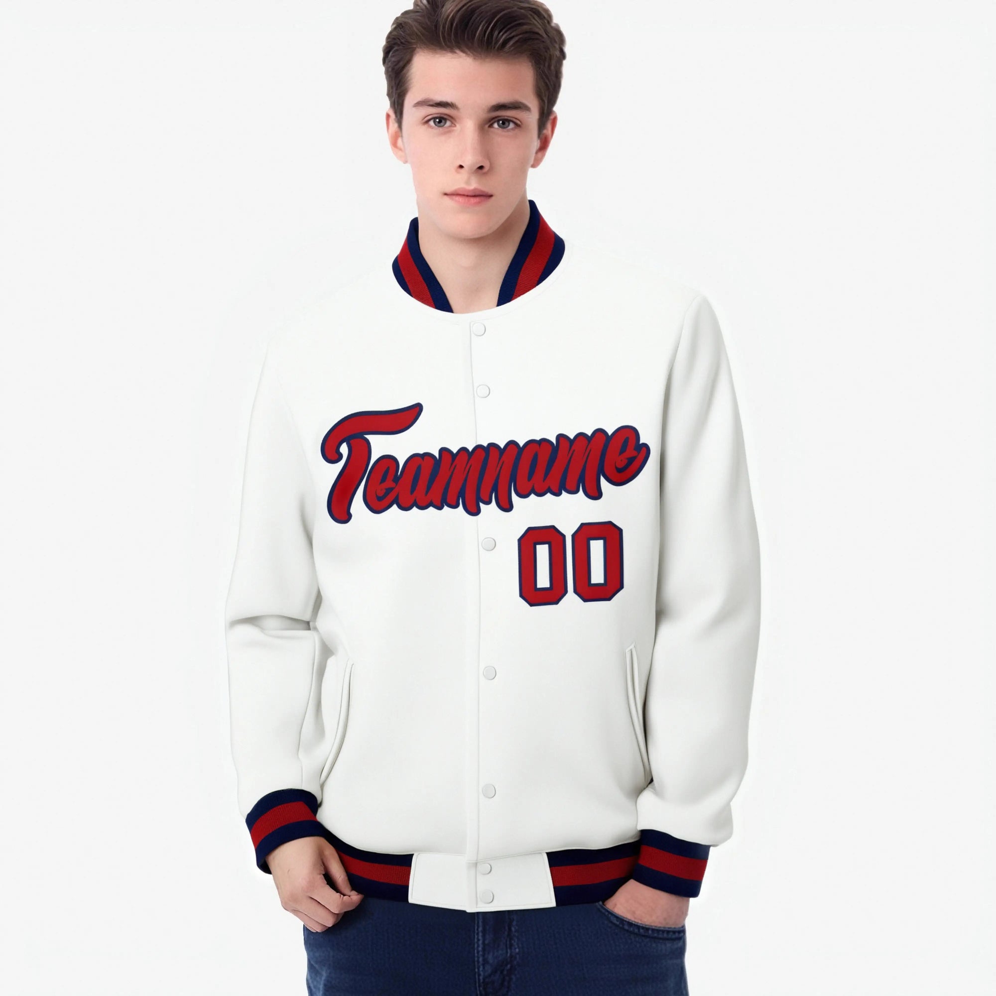 Custom White- Red-Navy Bomber Full-Snap Varsity Letterman Jacket