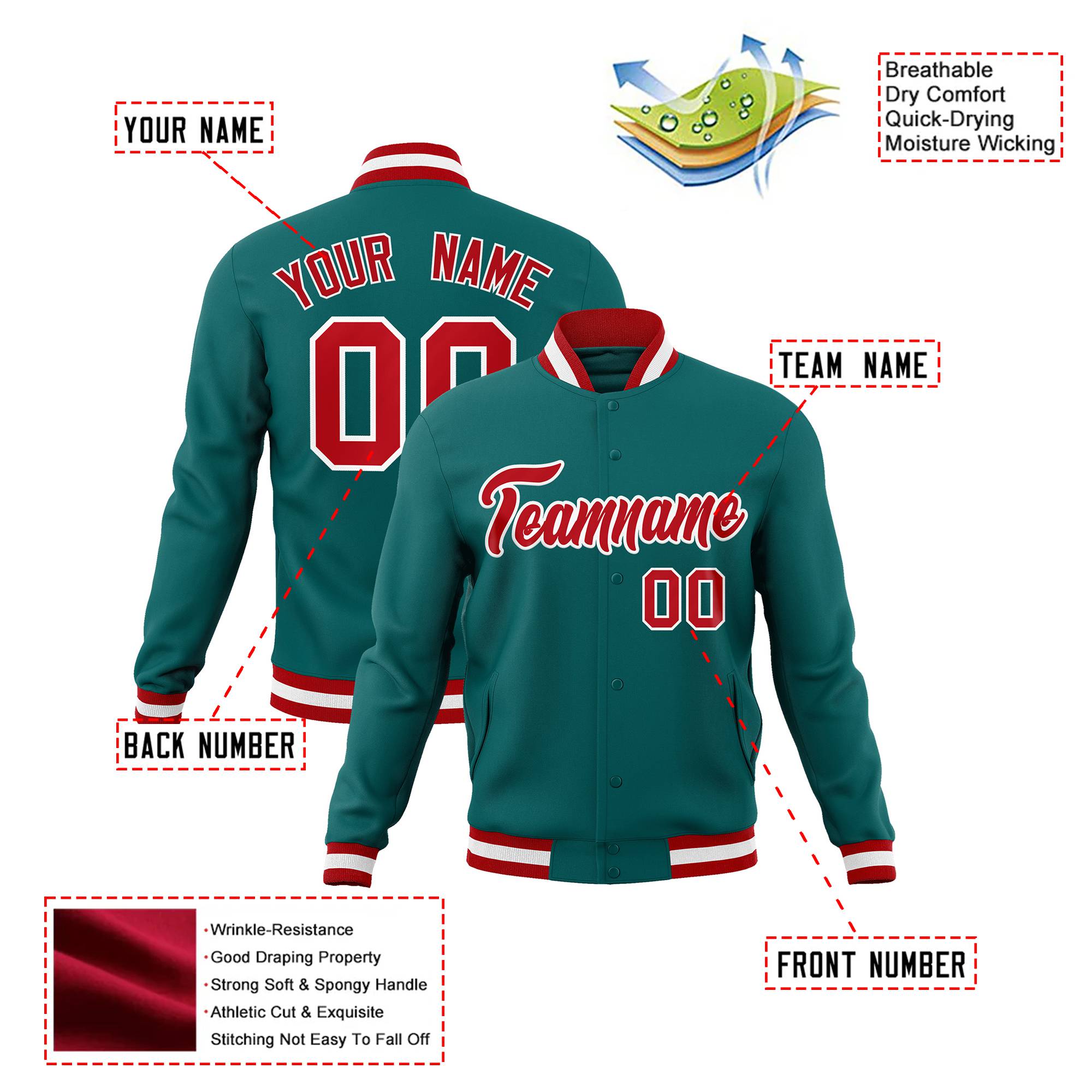 Custom Aqua- Red-White Bomber Full-Snap Varsity Letterman Jacket