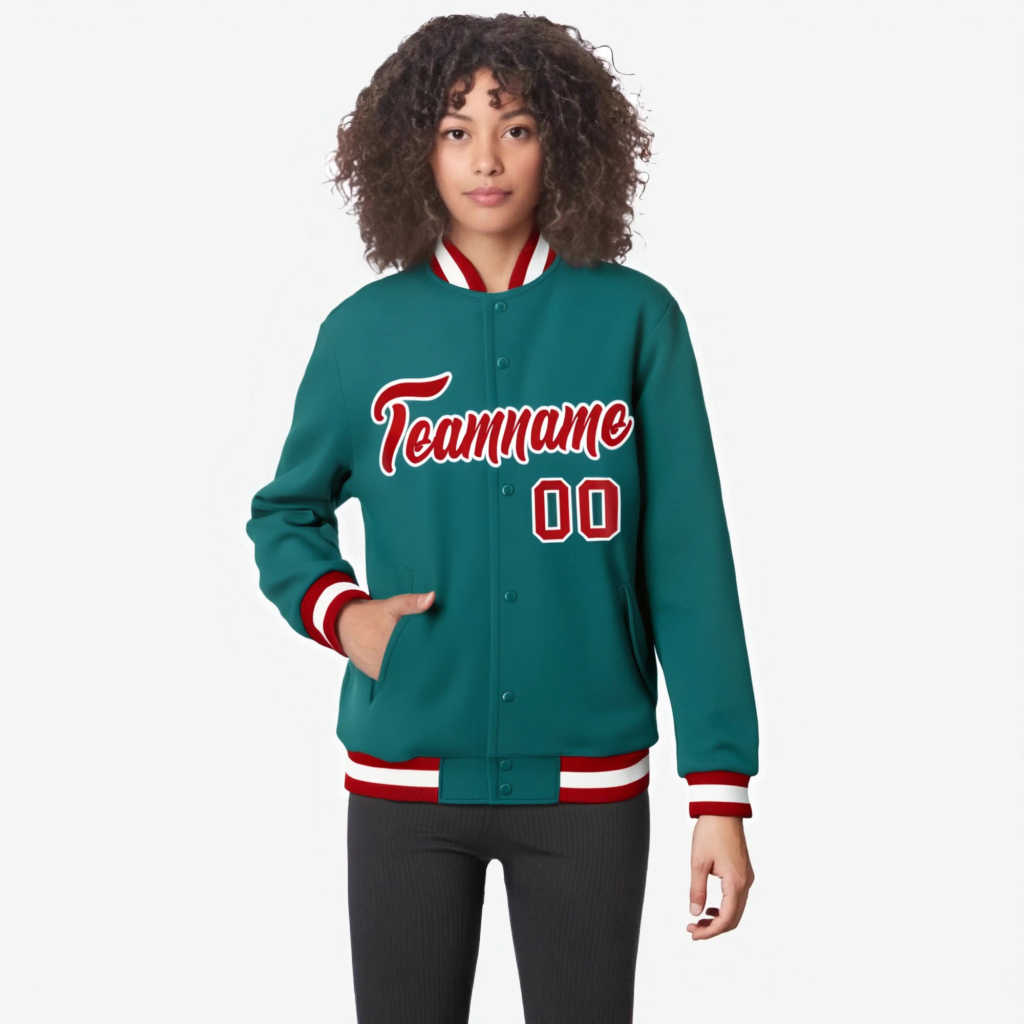 Custom Aqua- Red-White Bomber Full-Snap Varsity Letterman Jacket