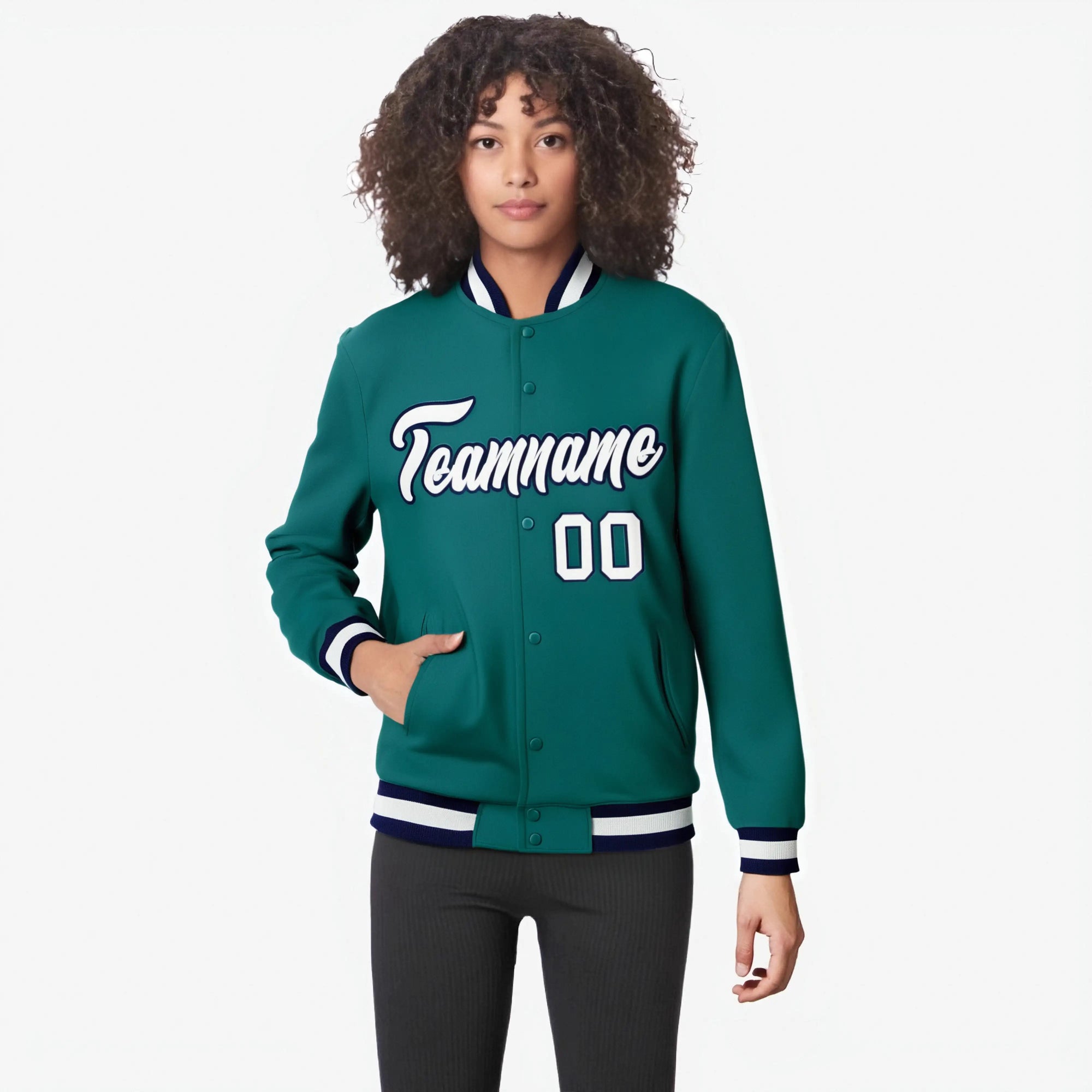 Custom Aqua- White-Navy Bomber Full-Snap Varsity Letterman Jacket