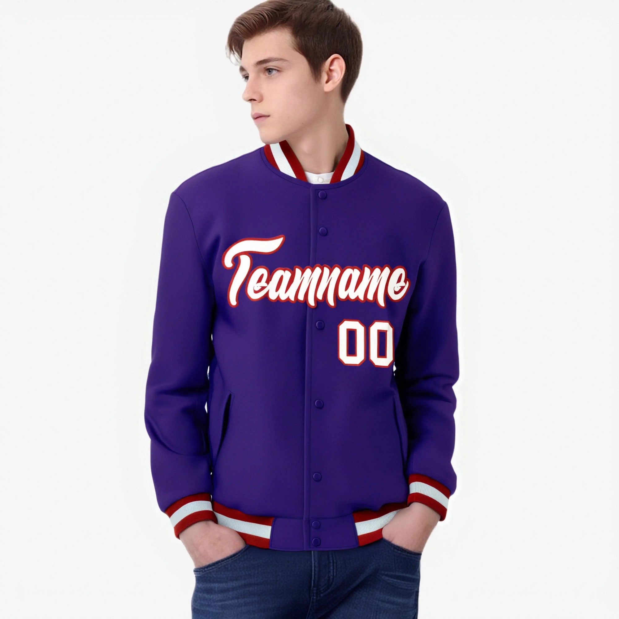 Custom Purple- White-Red Bomber Full-Snap Varsity Letterman Jacket