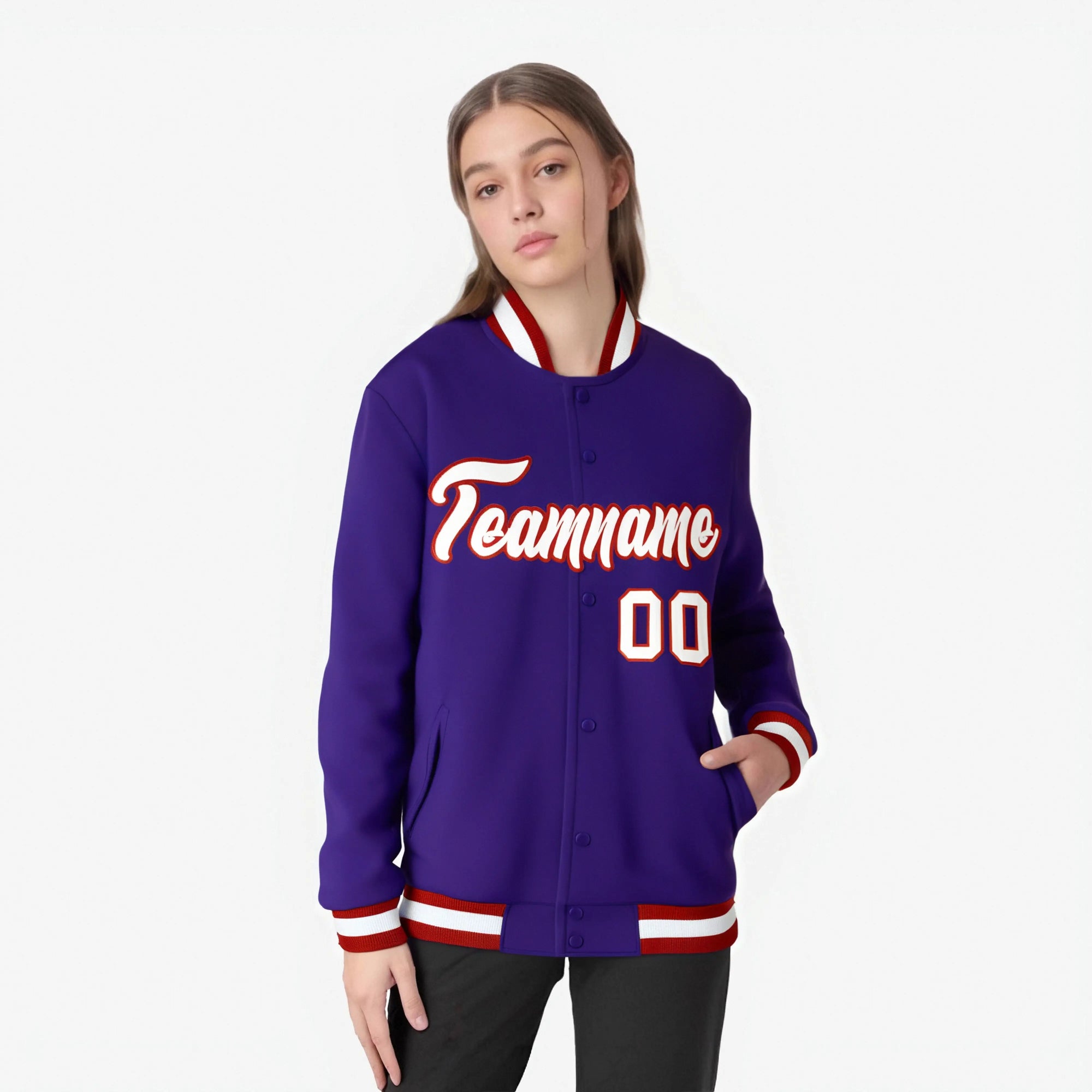 Custom Purple- White-Red Bomber Full-Snap Varsity Letterman Jacket