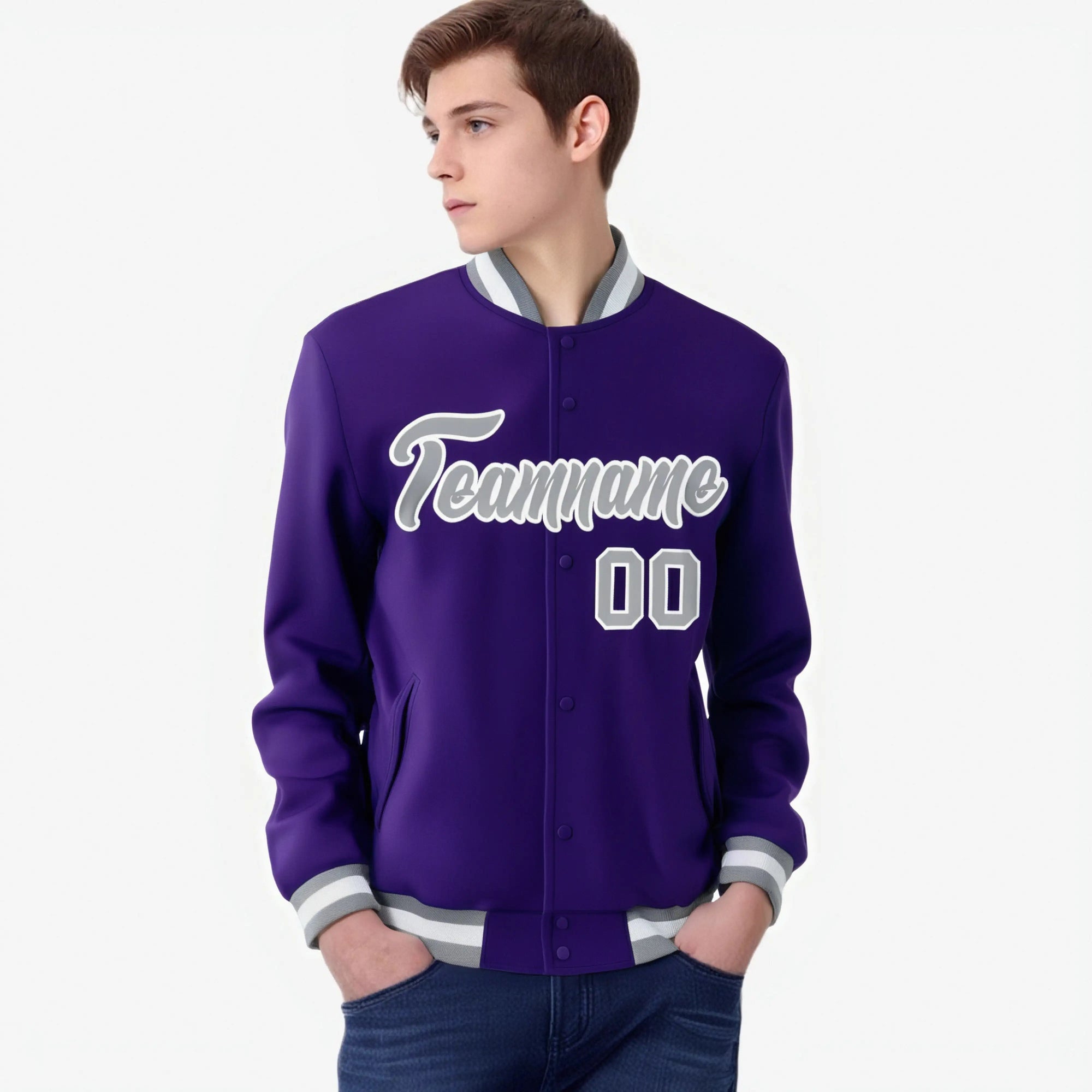 Custom Purple- Gray-White Bomber Full-Snap Varsity Letterman Jacket