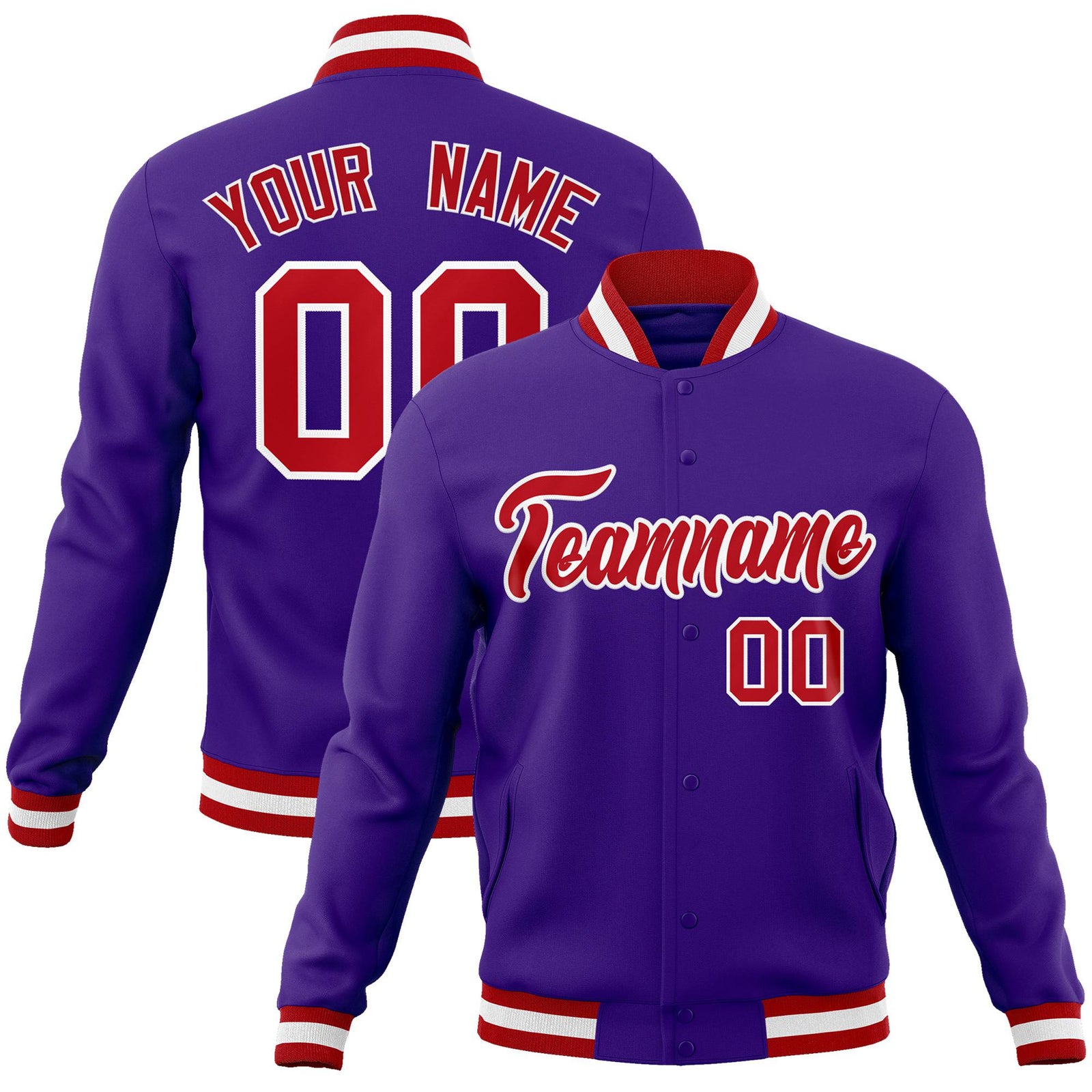 Custom Purple- Red-White Bomber Full-Snap Varsity Letterman Jacket