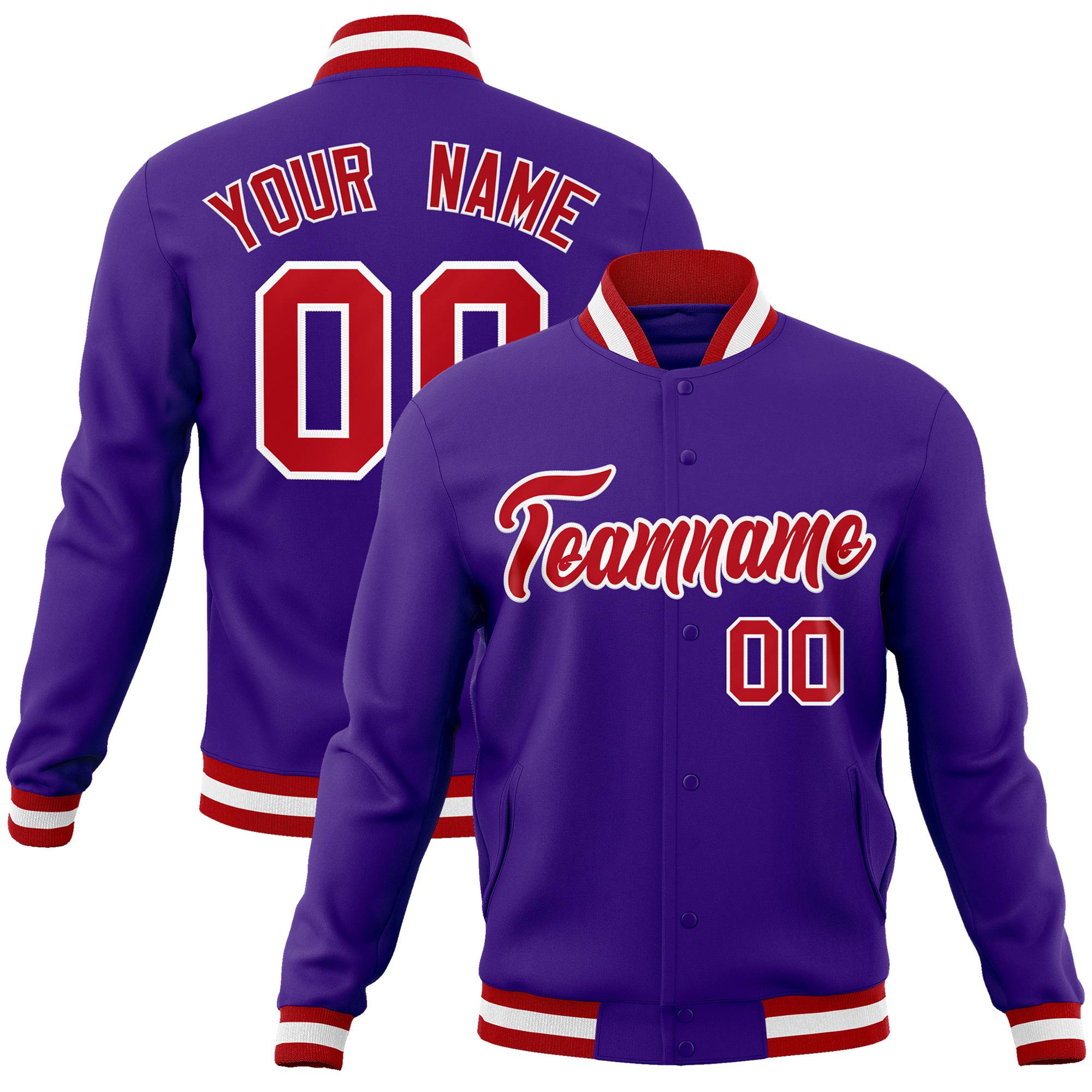 Custom Purple- Red-White Bomber Full-Snap Varsity Letterman Jacket