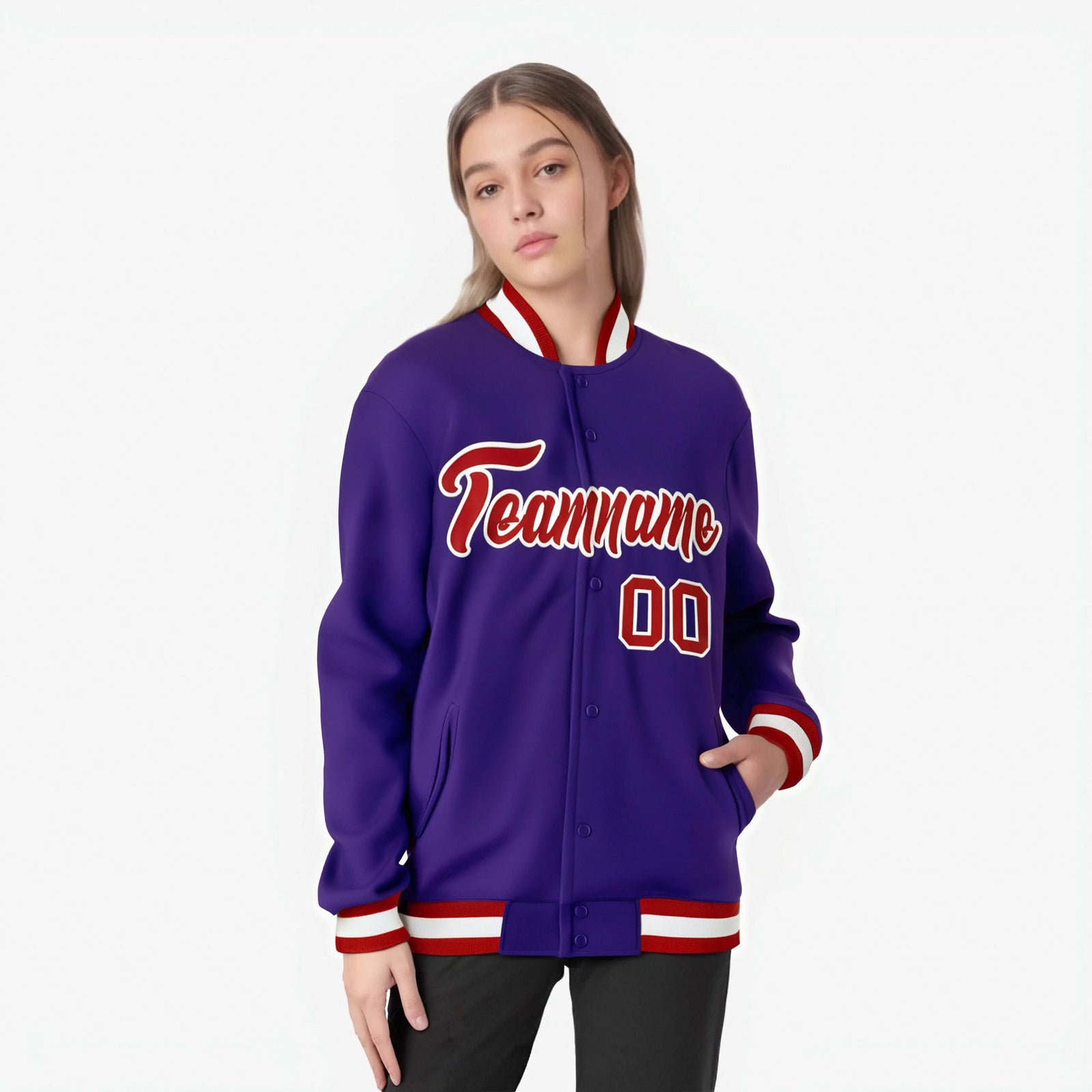 Custom Purple- Red-White Bomber Full-Snap Varsity Letterman Jacket