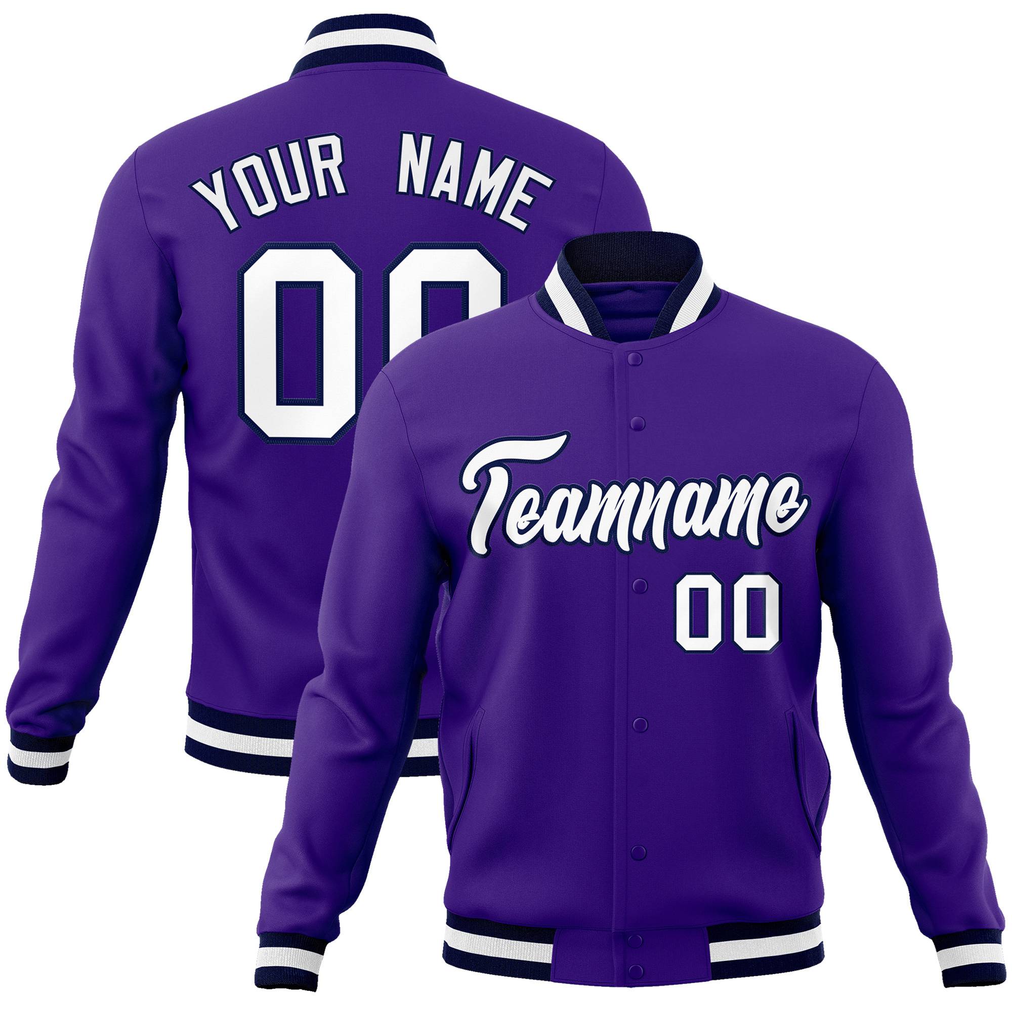 Custom Purple- White-Black Bomber Full-Snap Varsity Letterman Jacket