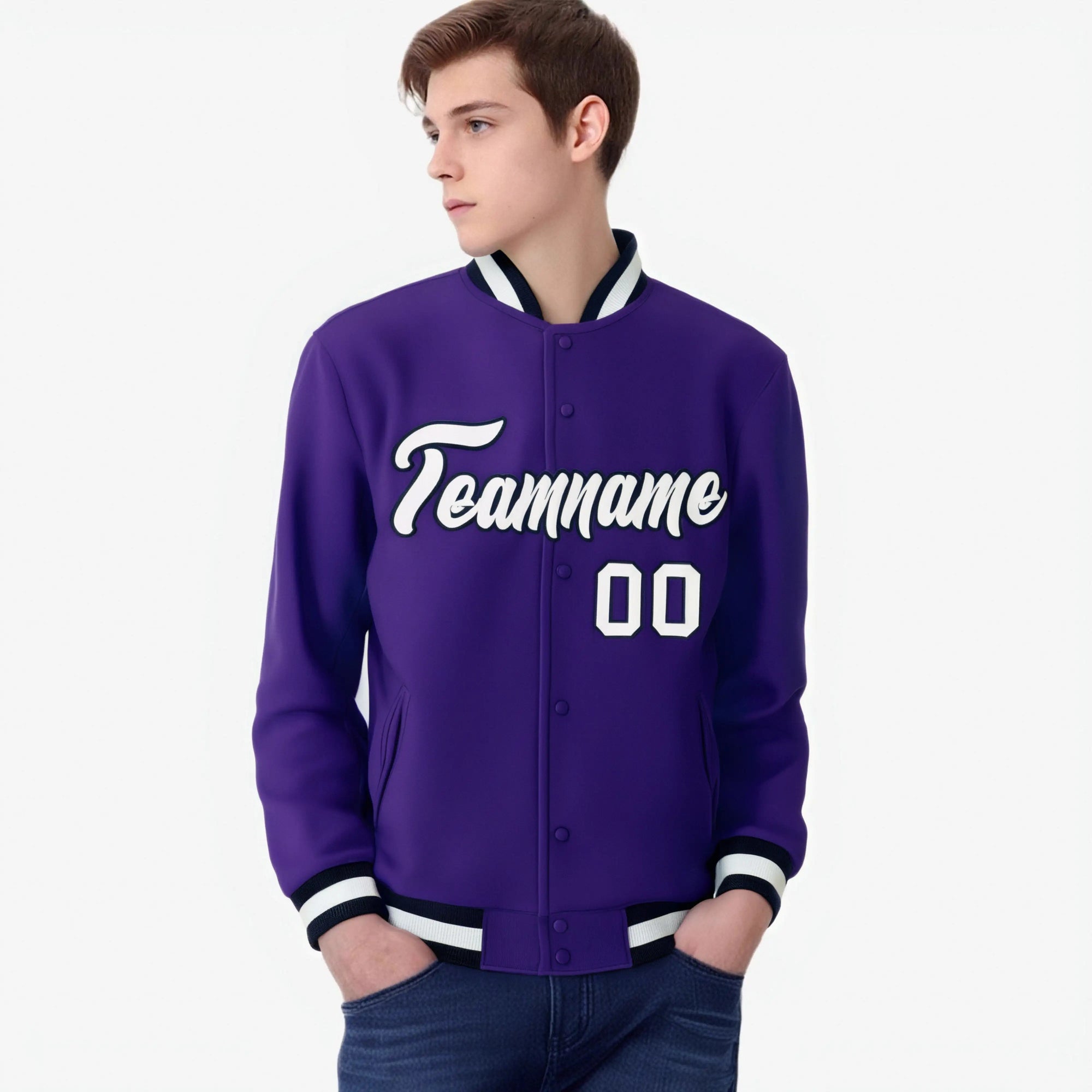 Custom Purple- White-Black Bomber Full-Snap Varsity Letterman Jacket