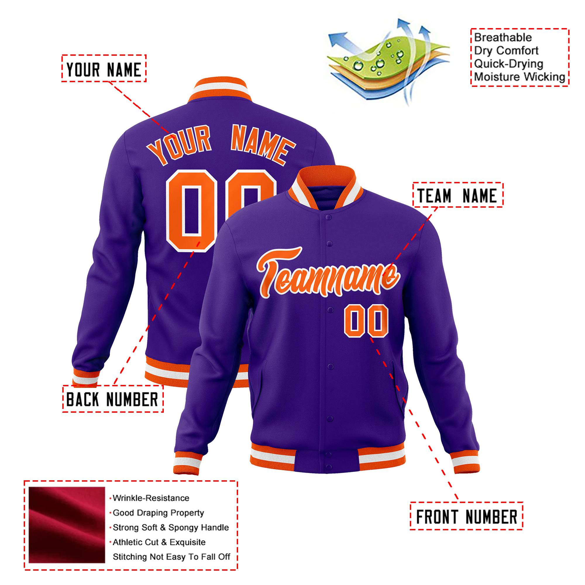 Custom Purple- Orange-White Bomber Full-Snap Varsity Letterman Jacket