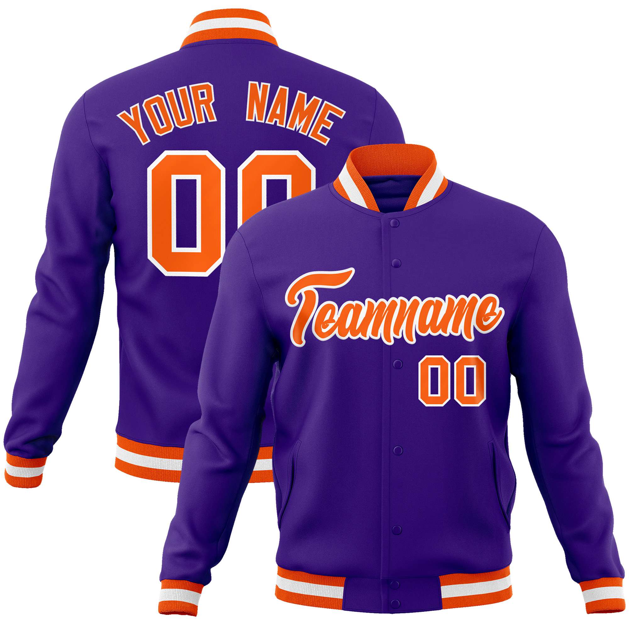 Custom Purple- Orange-White Bomber Full-Snap Varsity Letterman Jacket