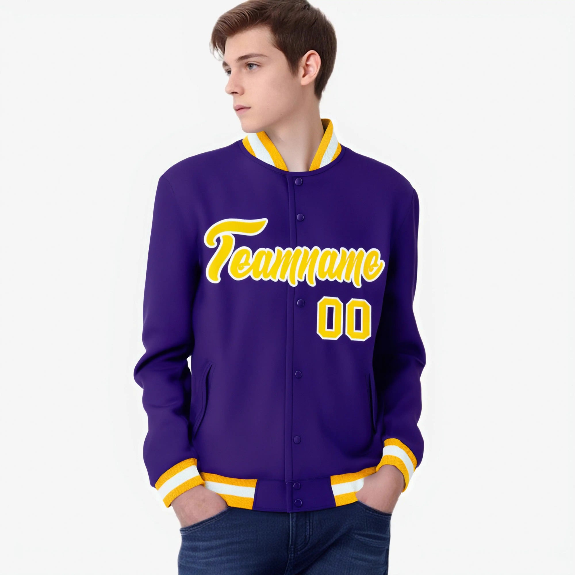 Custom Purple- Yellow-White Bomber Full-Snap Varsity Letterman Jacket