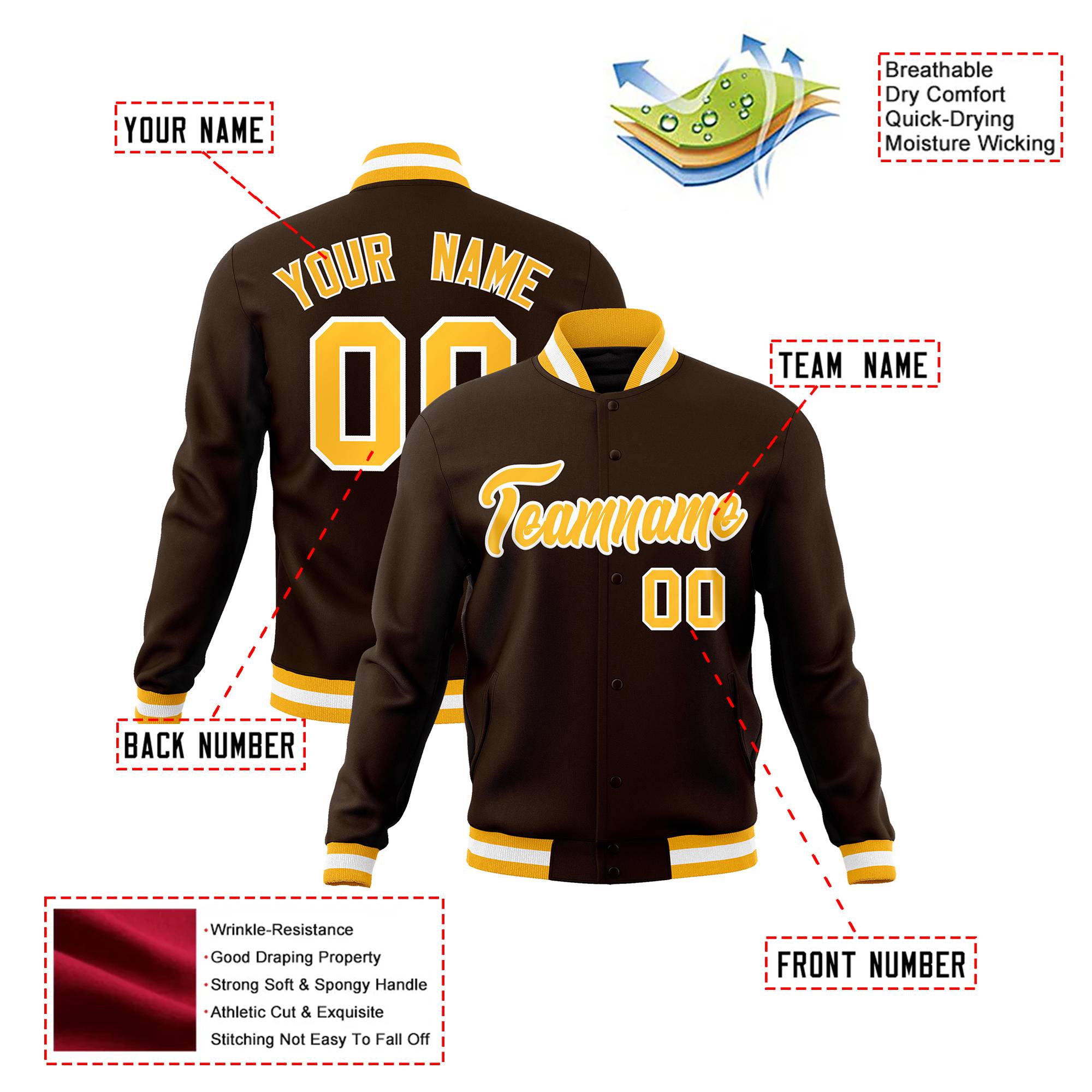 Custom Brown- Yellow-White Bomber Full-Snap Varsity Letterman Jacket