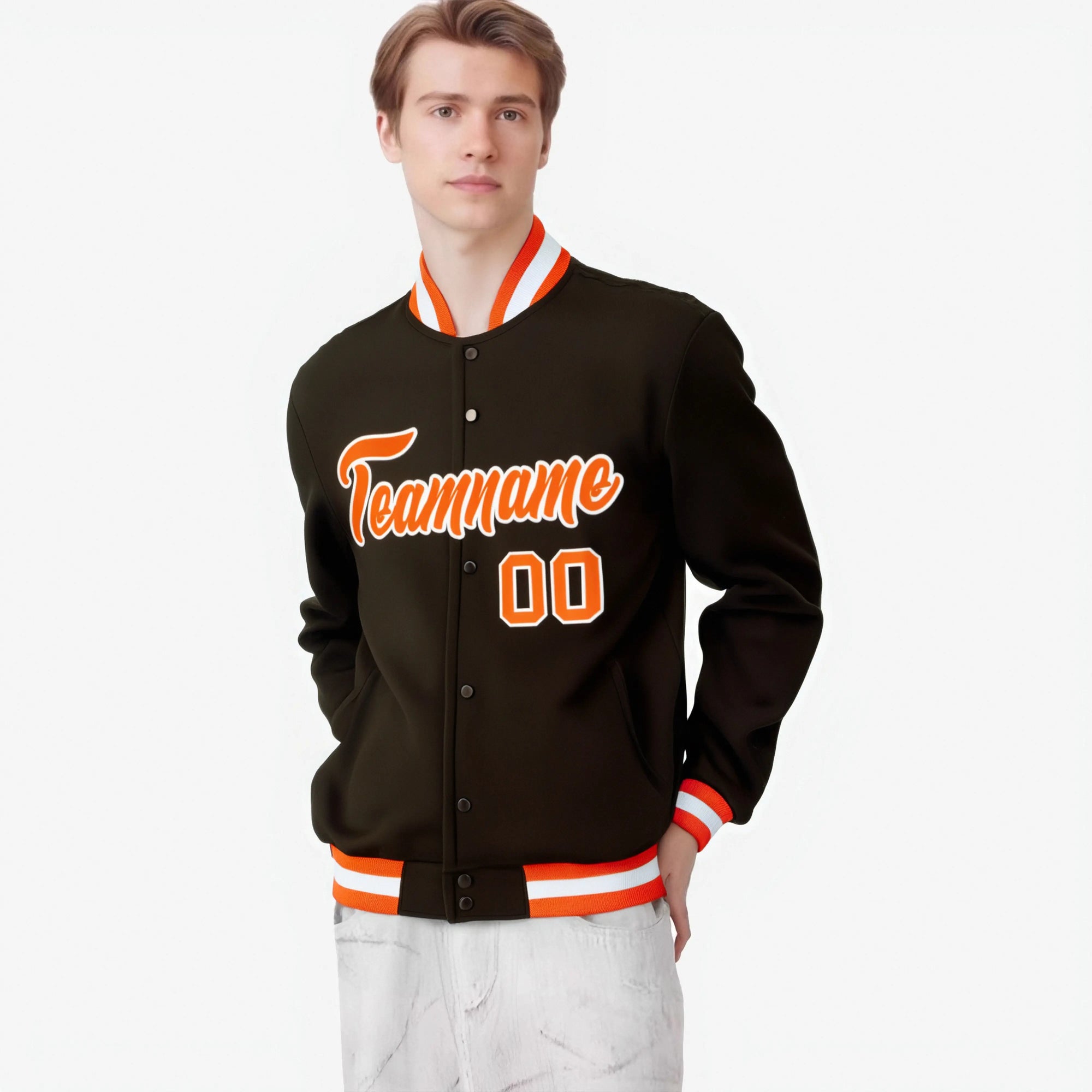 Custom Brown- Orange-White Bomber Full-Snap Varsity Letterman Jacket