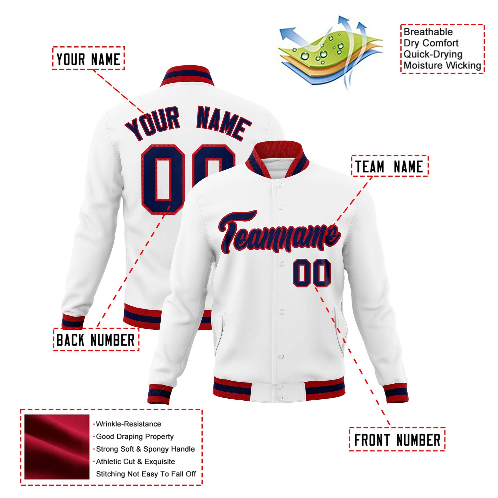 Custom White- Navy-Red Bomber Full-Snap Varsity Letterman Jacket