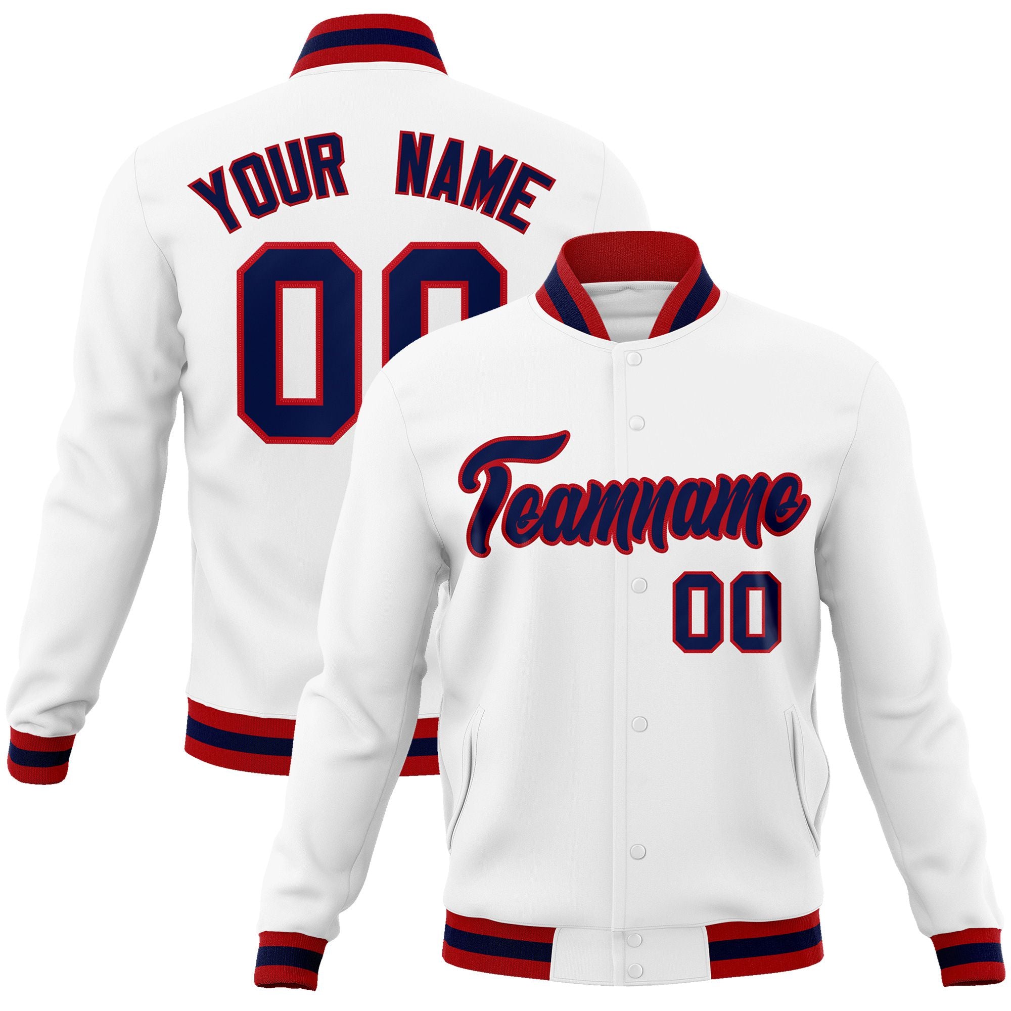 Custom White- Navy-Red Bomber Full-Snap Varsity Letterman Jacket