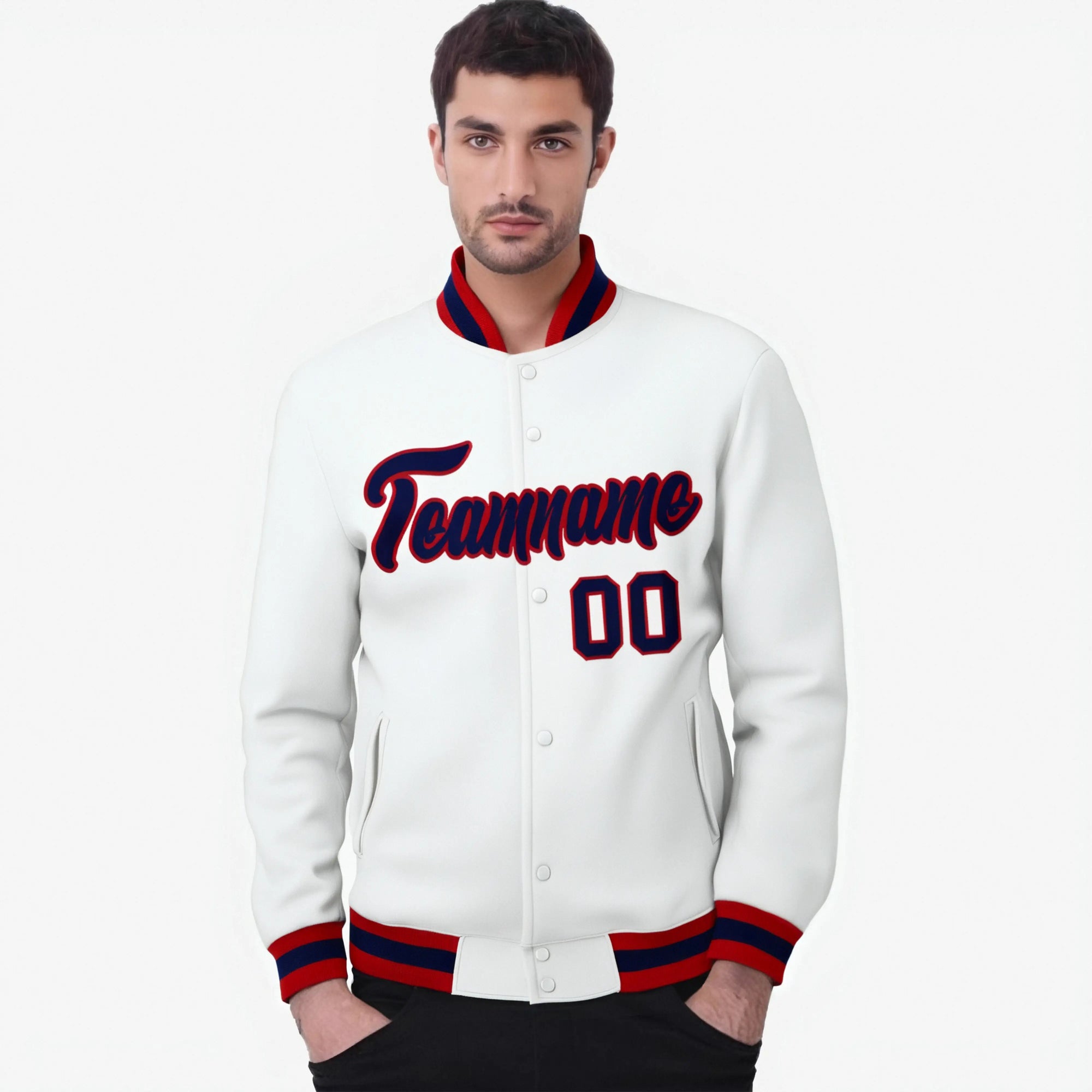 Custom White- Navy-Red Bomber Full-Snap Varsity Letterman Jacket