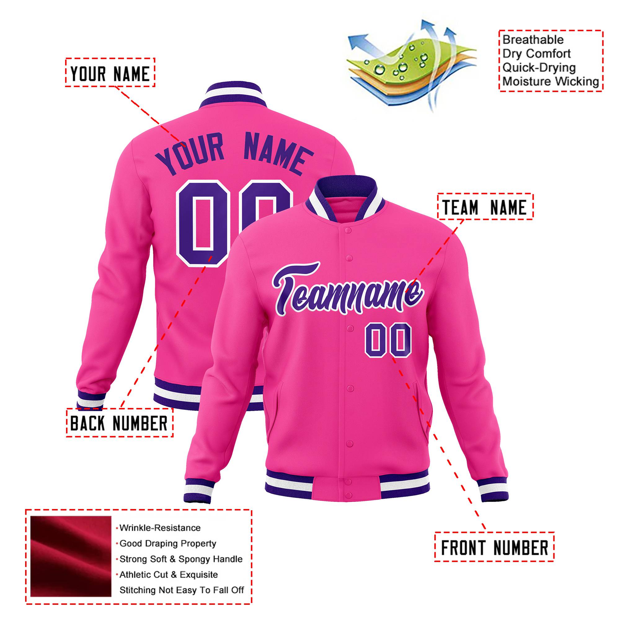 Custom Pink- Purple-White Bomber Full-Snap Varsity Letterman Jacket