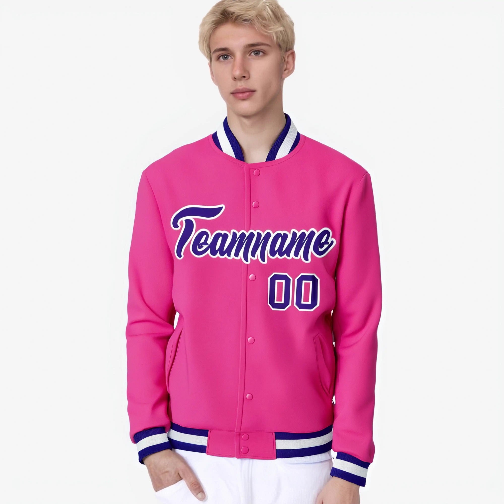 Custom Pink- Purple-White Bomber Full-Snap Varsity Letterman Jacket