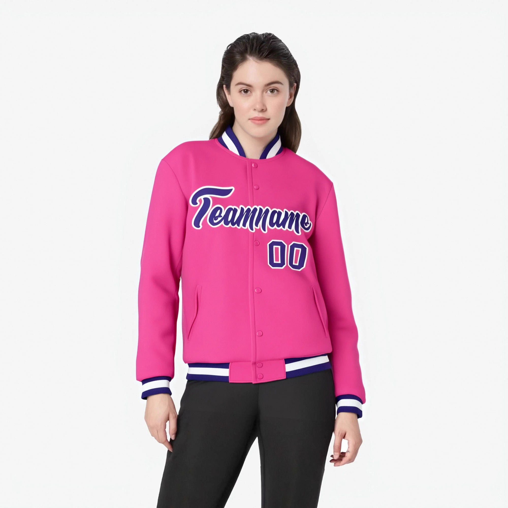 Custom Pink- Purple-White Bomber Full-Snap Varsity Letterman Jacket