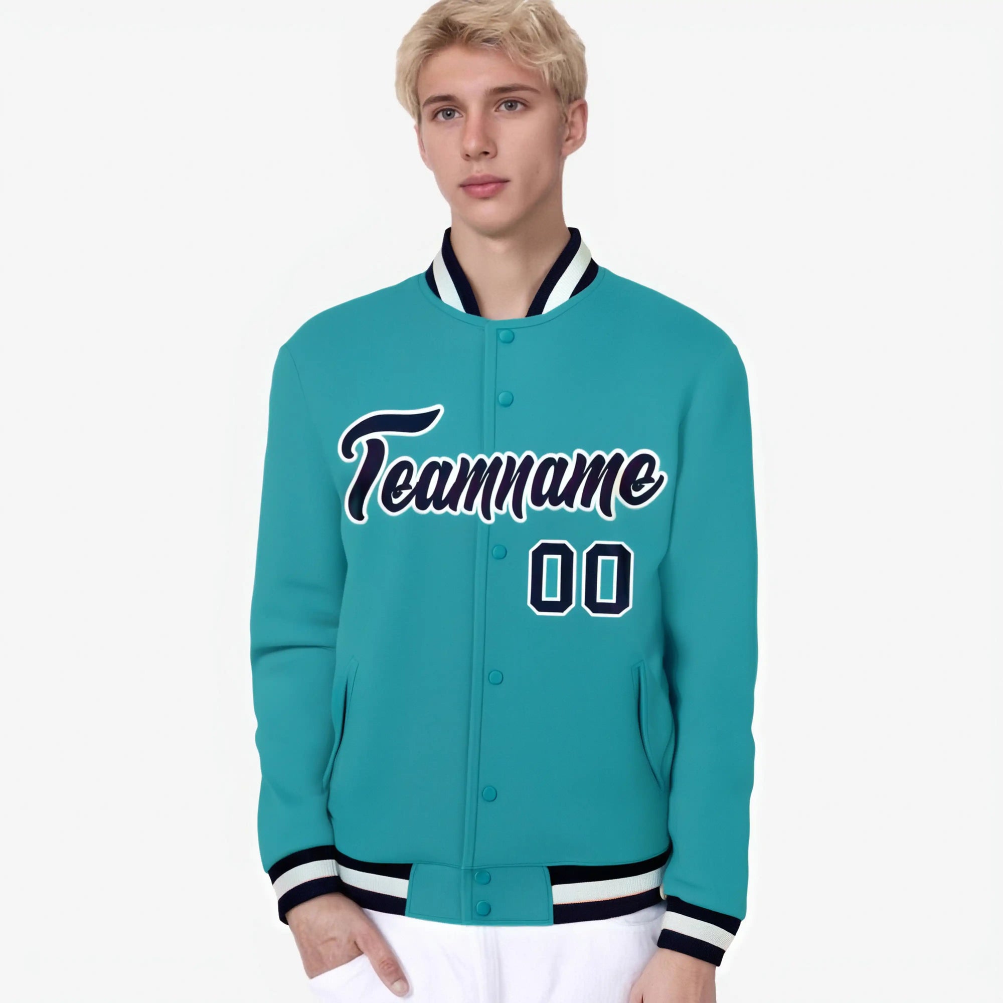 Custom Aqua-Navy-White Bomber Full-Snap Varsity Letterman Jacket